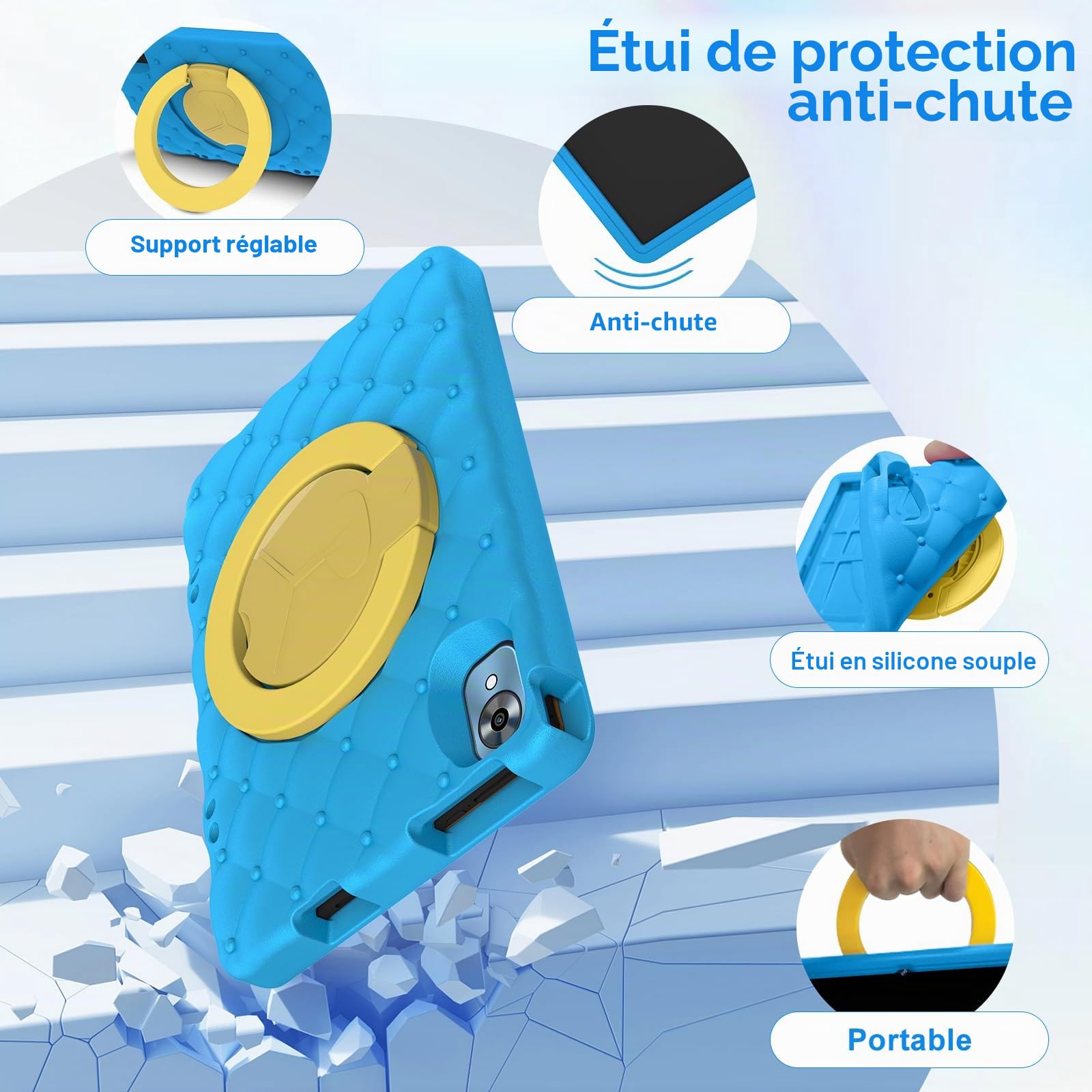 DMOAO Tablette Enfants 10 Pouces Android 15 avec 30Go RAM (TF 2To), 5G WI-FI 6, Widevine L1, Contrôle Parental, 8-Core, Tablette Tactile avec Coque Antichoc EVA + Support Rotatif à 360°,Bleu