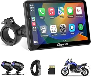 Carpuride W712D Motorcycle Carplay Screen with HD 1080P Dual Dash Cam, Wireless Car Play and Android Auto, 7" Waterproof Rotatable Navigation Touchscreen, Loop Recording, Bluetooth, Wired Controller