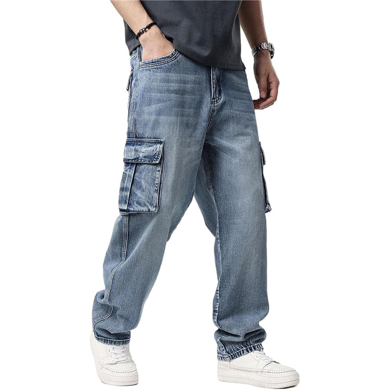 Pantalones Vaqueros Cargo para Hombre, de Corte Recto, para Correr, de Talle Alto, con Múltiples Bolsillos, Talla Grande