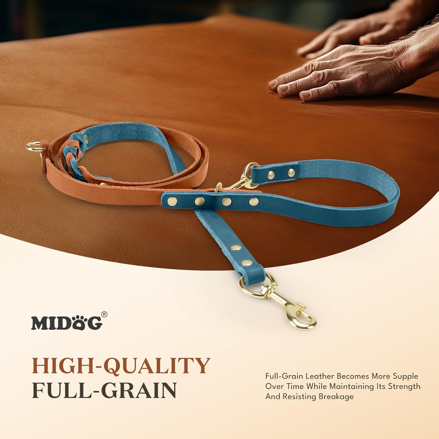 MIDOG Leather Dog Leash, Hands Free Dog Leash for Medium Large & Small Dogs 6Ft, Adjustable Waist, Strong Genuine Braided Leather, Soft & Comfortable for Running, Walking, Training (Blue L)