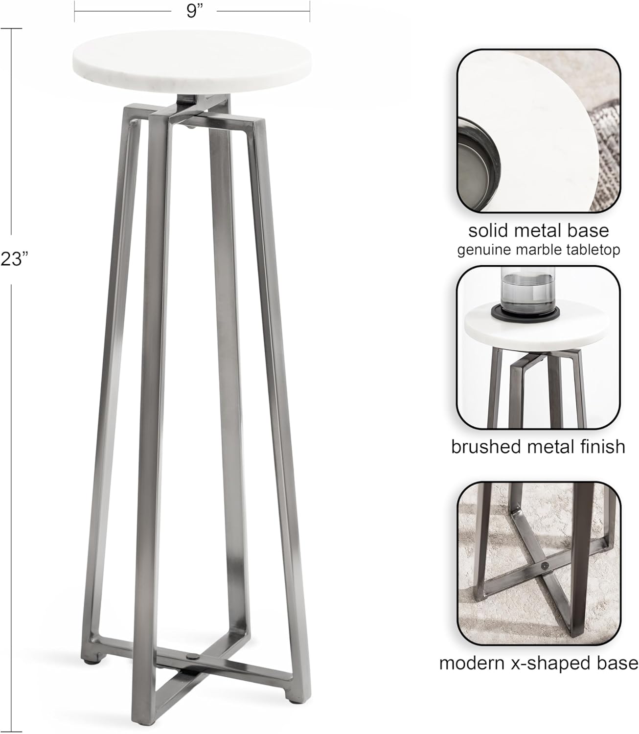 Kate and Laurel Zia Modern Marble Round Drink Table; 9 x 9 x 23; White and Gray Gunmetal; Decorative Pedestal Table for Living Room Display and Storage