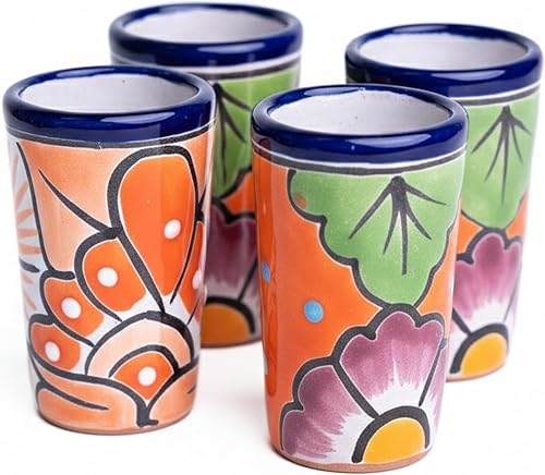 Juego de 4 vasos de chupito Talavera auténticos vasos de chupito de tequila mexicano - Pintados a mano - 2 oz (flores naranjas)