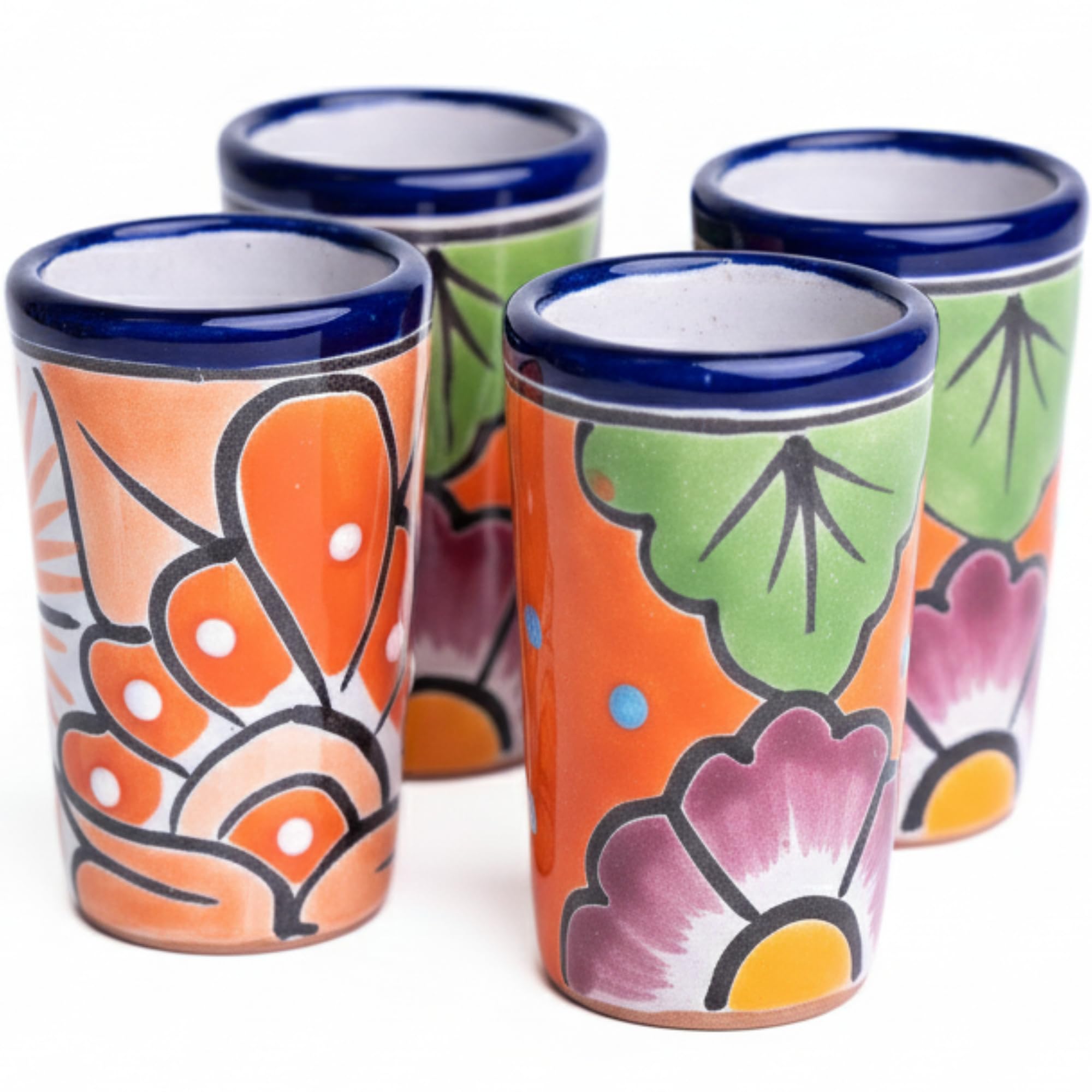 Talavera Shot Glasses Set of 4 Authentic Mexican Tequila Shot Glasses - Hand-painted - 2 Oz (Orange Flowers)