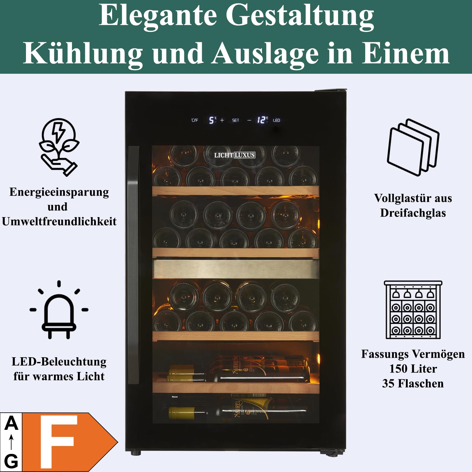 Weinkühlschrank 2 Zonen für 35 Flaschen – Freistehender Weintemperierschrank mit 3-fach UV-Glastür & Holzablagen (5-20°C) – Getränkekühlschrank für Wohnzimmer & Küche (50cm Breit)