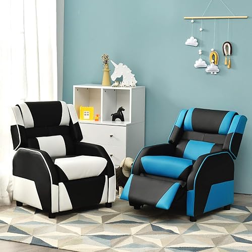 Miniatura 35 de Costzon Silla reclinable para niños, silla reclinable para juegos con reposapiés, reposacabezas y soporte lumbar, silla ergonómica de cuero para