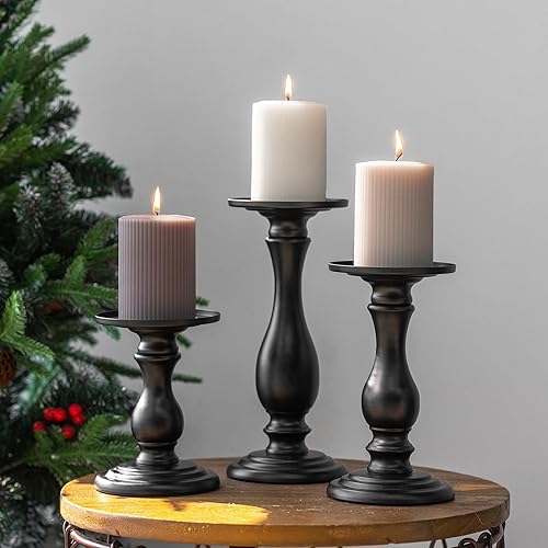Miniatura 5 de Matte Black Pillar Candle Holders Set of 3-10", 8", 6”H Candlestick Candle Holder Stand, Mother's Day Home Decor Gift for Fireplace/Table