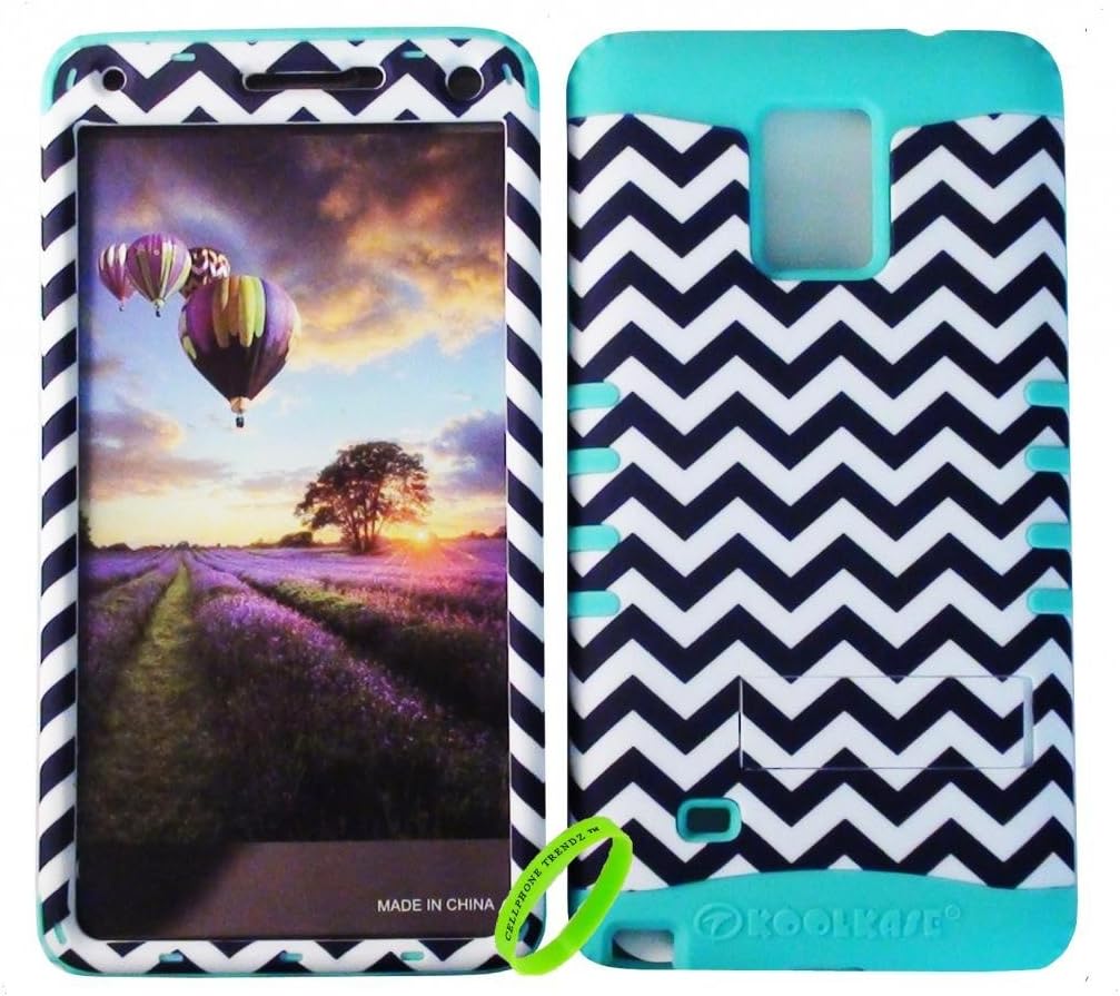 Cellphone Trendz HARD & SOFT RUBBER HYBRID ROCKER HIGH IMPACT PROTECTIVE CASE COVER for Samsung Galaxy Note 4 - Black White Chevron Design Hard Case on Mint Blue Silicone