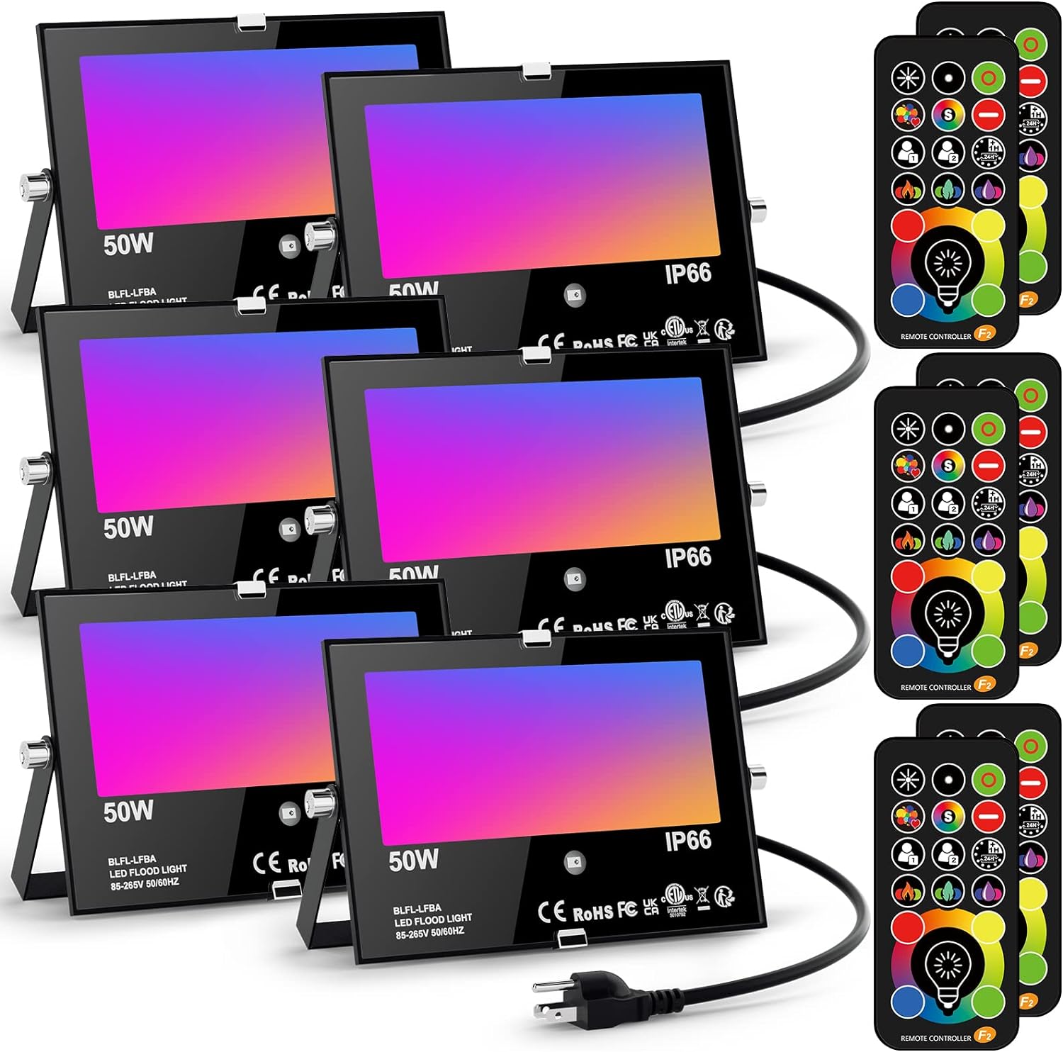 LED Flood Light Outdoor 500W Equivalent Color Changing Landscape Lighting, 24H Timing+120 Colors Strobe+2700K Warm White+DIY Flash IP66 Waterproof Up Stage House RGB Led Light Indoor US 3-Plug 6Pack