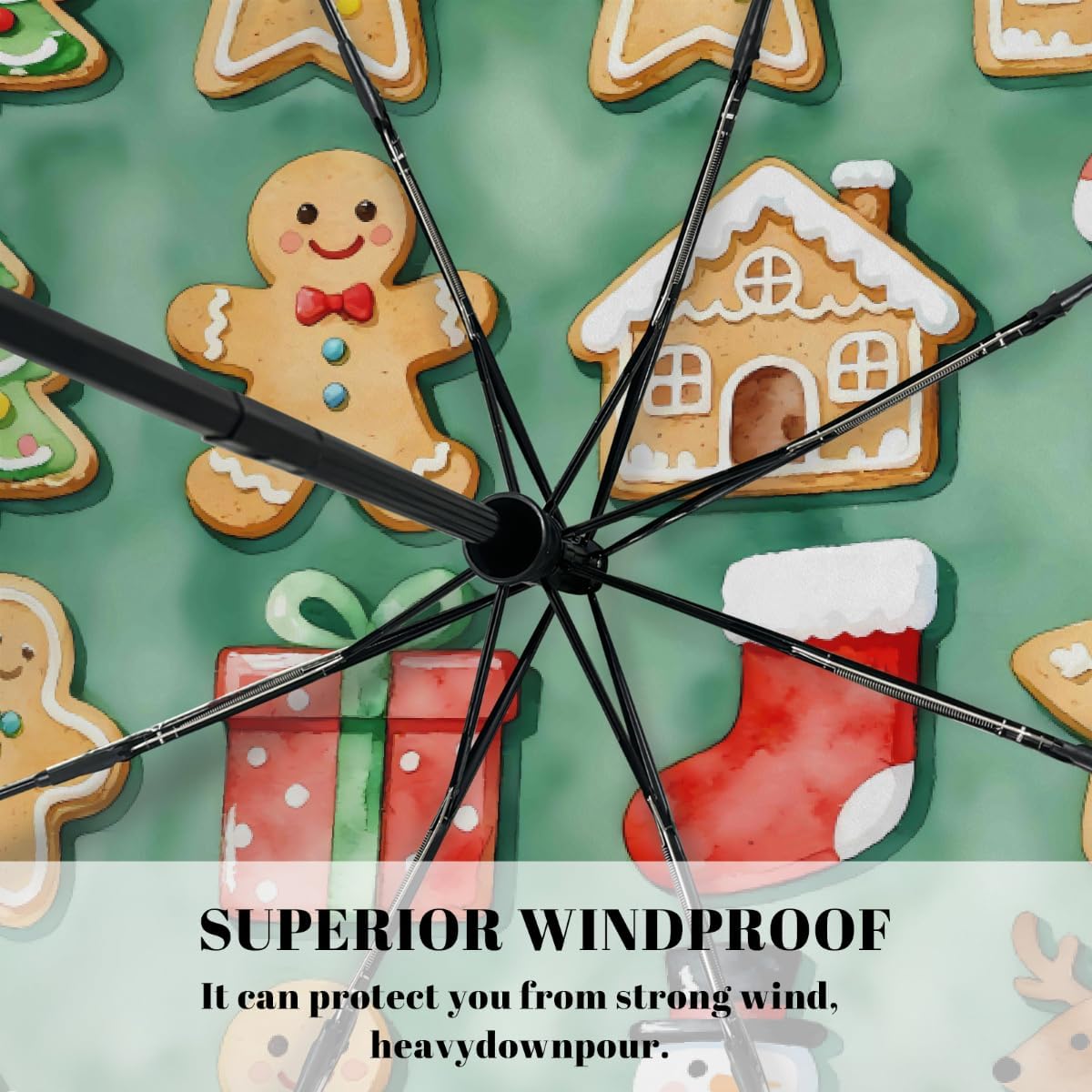 Watercolor Christmas Gingerbread Folding Umbrella Windproof Compact Lightweight Travel Umbrella with 8 Reinforced Ribs, Portable UV Sun & Rain Protection for Men & Women