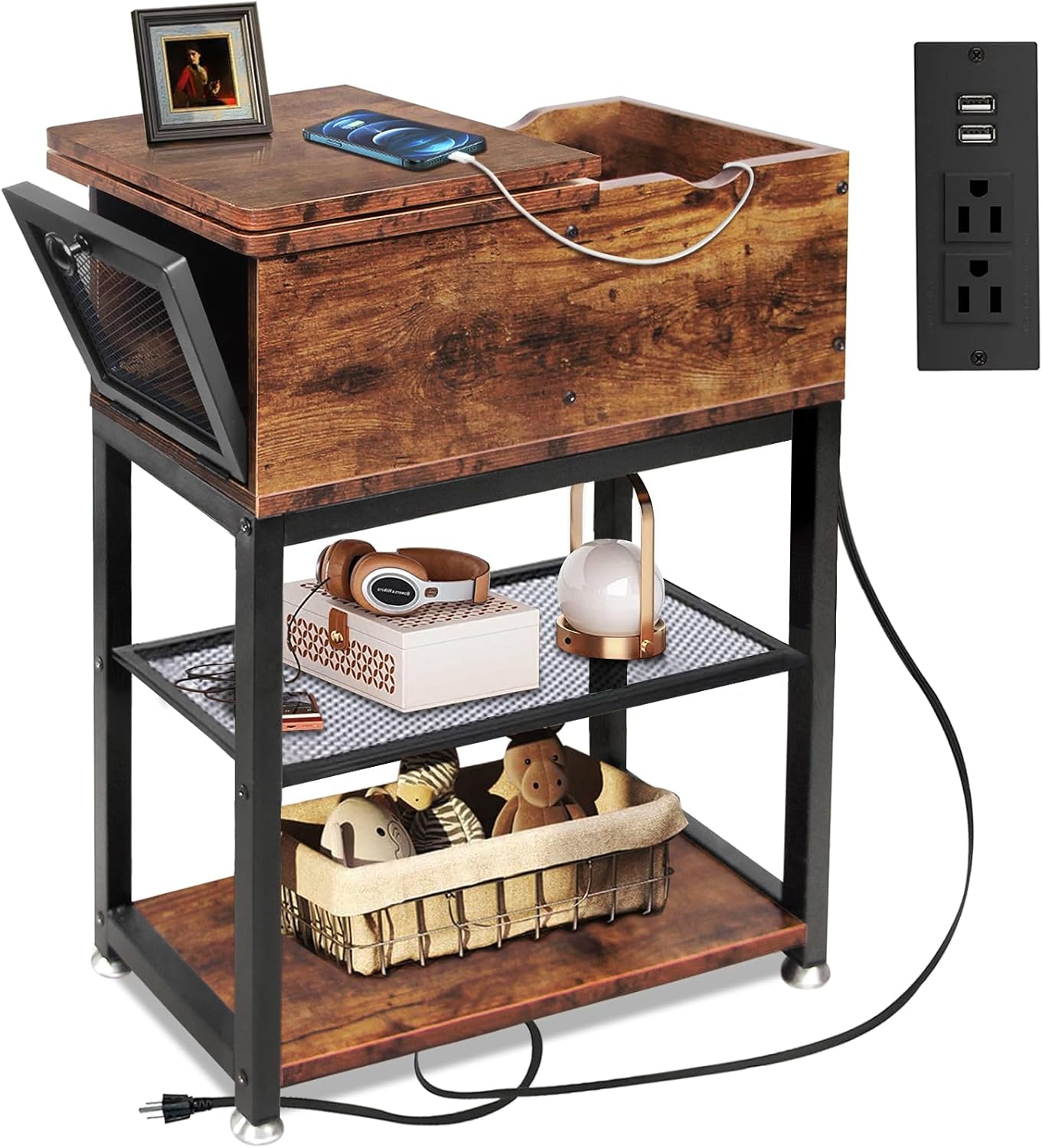 Side Table Living Room with Side Opening and Flip Top,12" D x 24" W x