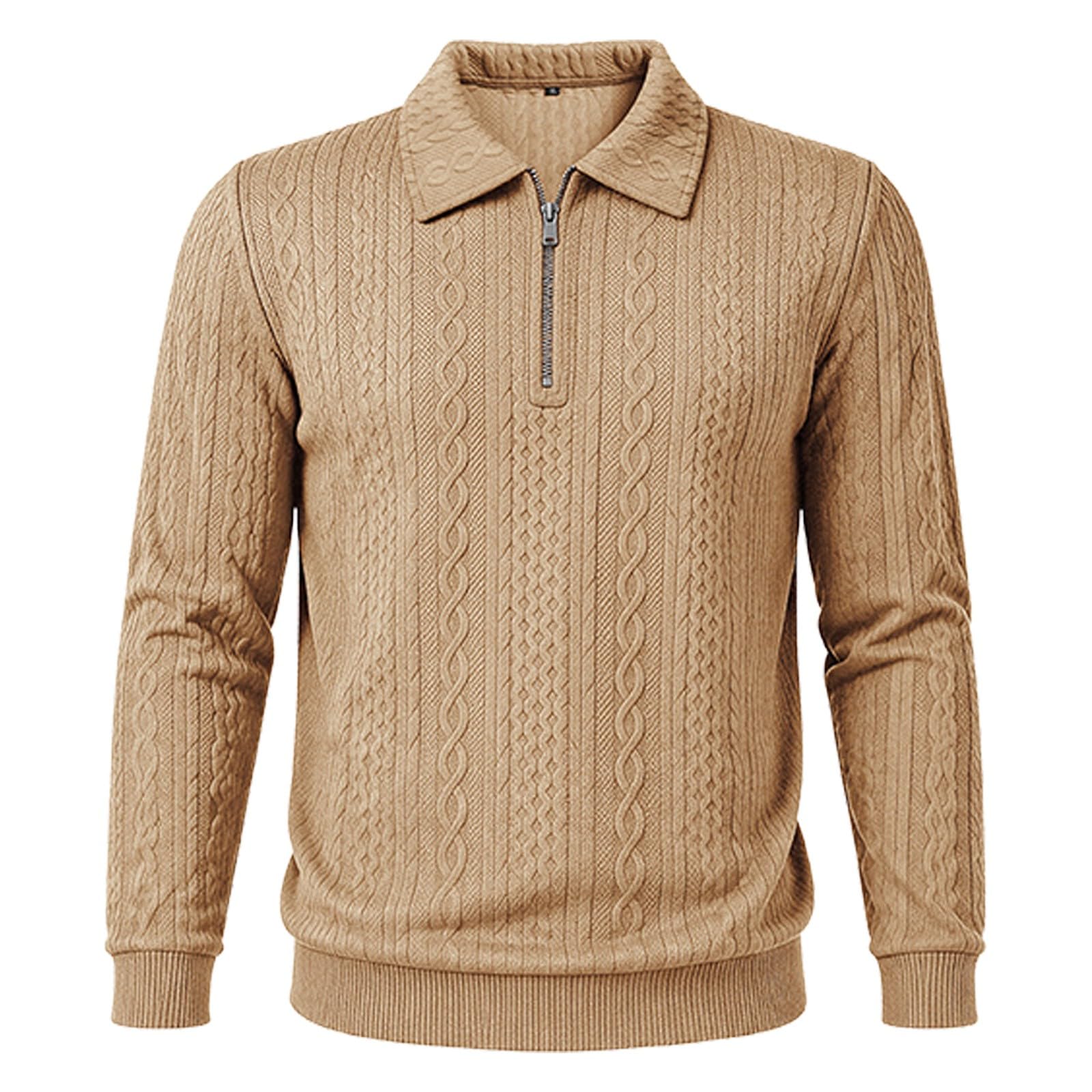 Polo da uomo a maglia a trecce, con cerniera a un quarto, a maniche lunghe