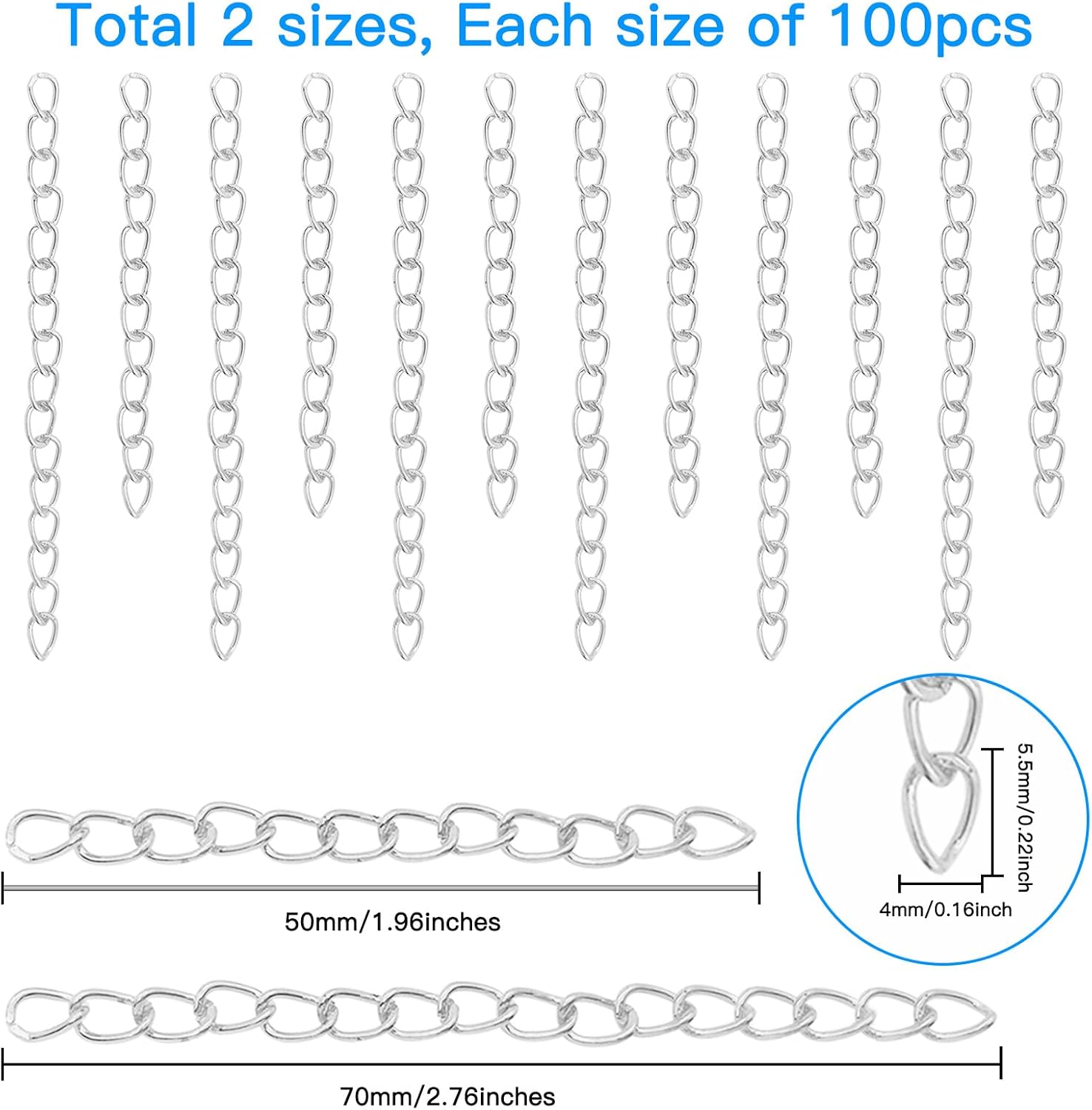 200Pcs Chain Extenders for Jewelry Making, Necklace & Bracelet Extender Chains, Removable Extension Tails for DIY Necklaces, Anklets & Jewelry Making Supplies (Silver) - Image 3