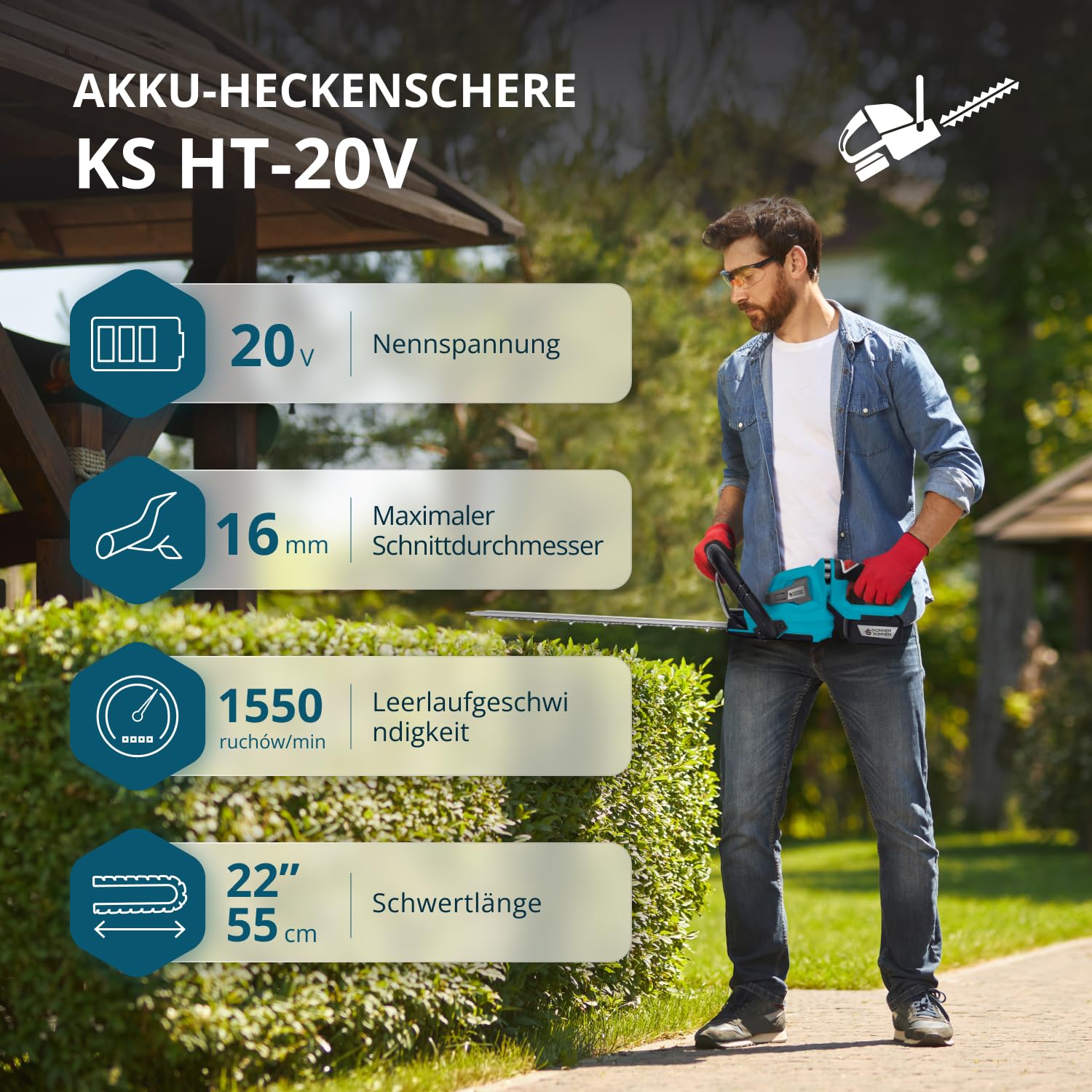 Akku-Heckenschere KS HT-20V, Nennspannung 20 V, Leerlaufgeschwindigkeit 1550 Hübe pro Minute, Schnittlänge 22” (55 cm), Maximaler Schnittdurchmesser 16 mm