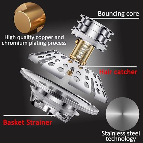 Miniatura 6 de Tapón universal de drenaje para bañera, atrapa pelos de drenaje de tina, cubierta de drenaje con colador, para orificio de drenaje de baño de 1-3/8