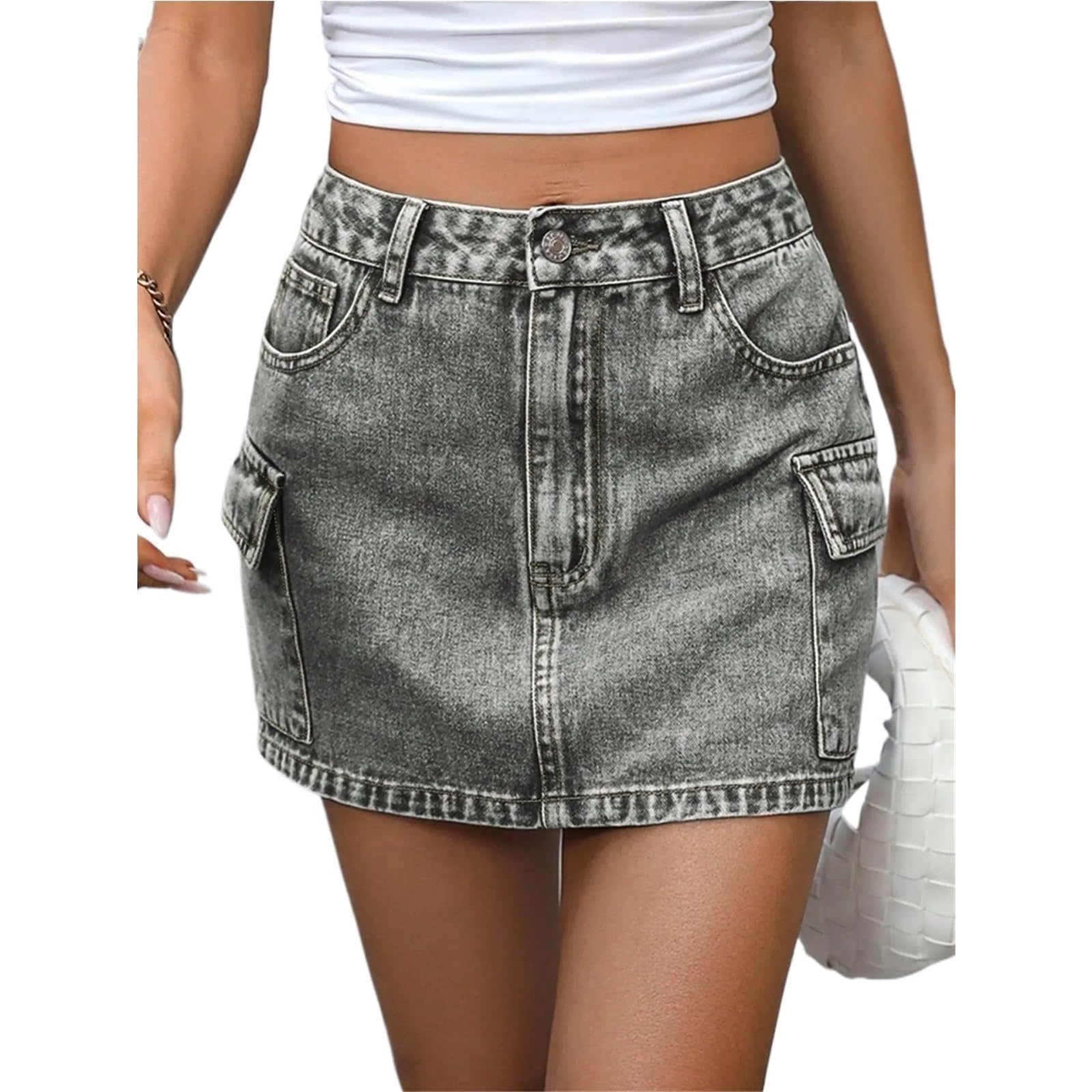 Gonna Jeans Donna Gonna da pendolare Estiva da Donna, in Denim Tinta Unita con Cintura sui Fianchi e Multitasche