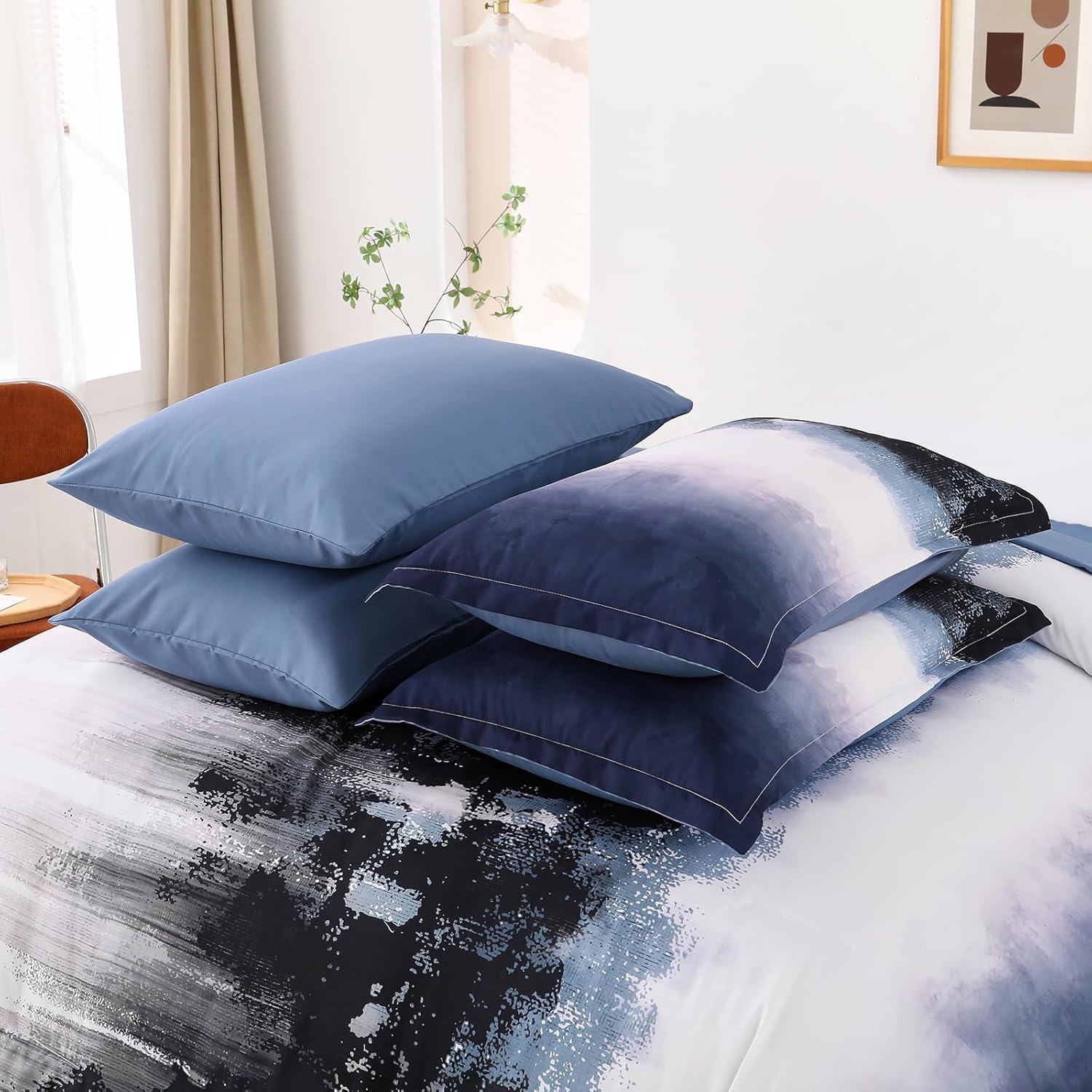 Dinjoy Ombre Blue Comforter Set King Size Gradient Navy Blue Black Boho Bedding Set for Teen Men Women 7 Pieces Bed in A Bag Bohemian Bed Set with Comforter, Sheets, Pillowcases & Shams - Image 6