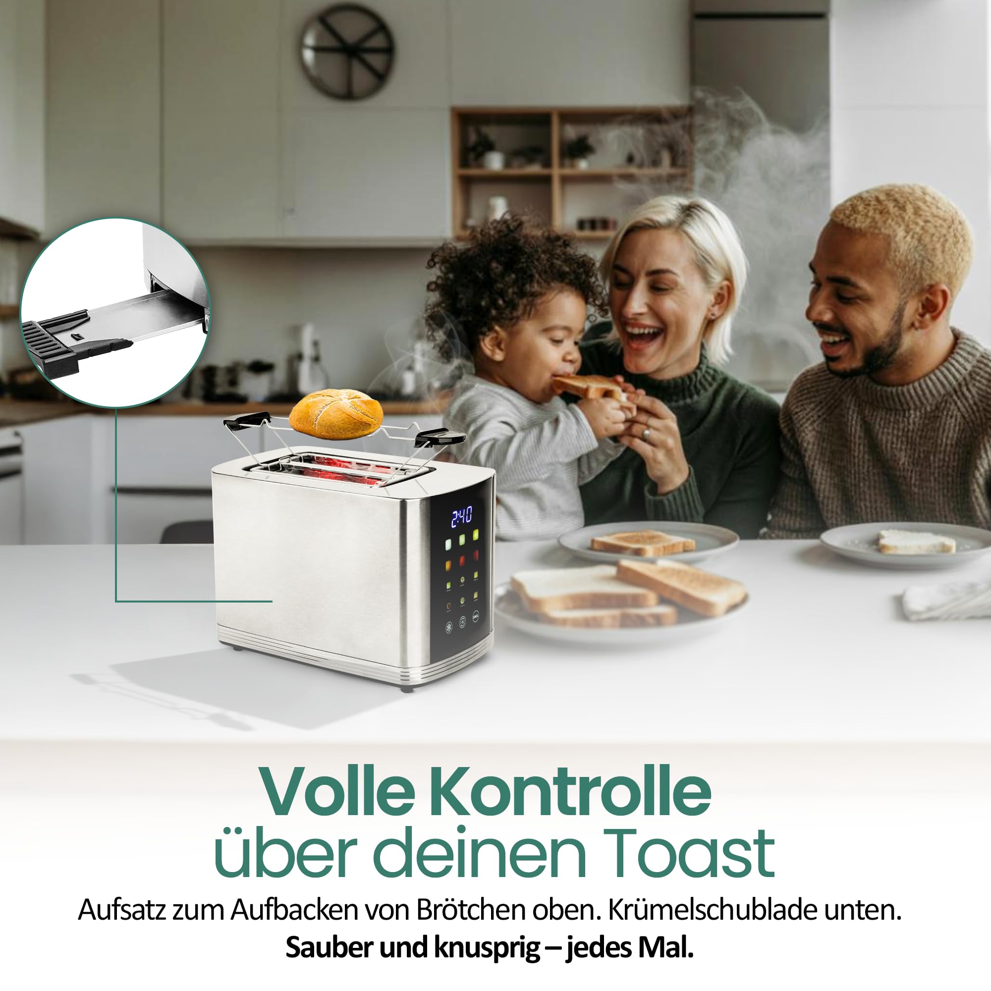 EMERIO TO-132888 Grille-pain en acier inoxydable avec grand écran couleur | Touch | 2 fentes à toast | Centrage automatique | Tiroir ramasse-miettes | Démolition/décongélation/chauffage | 6