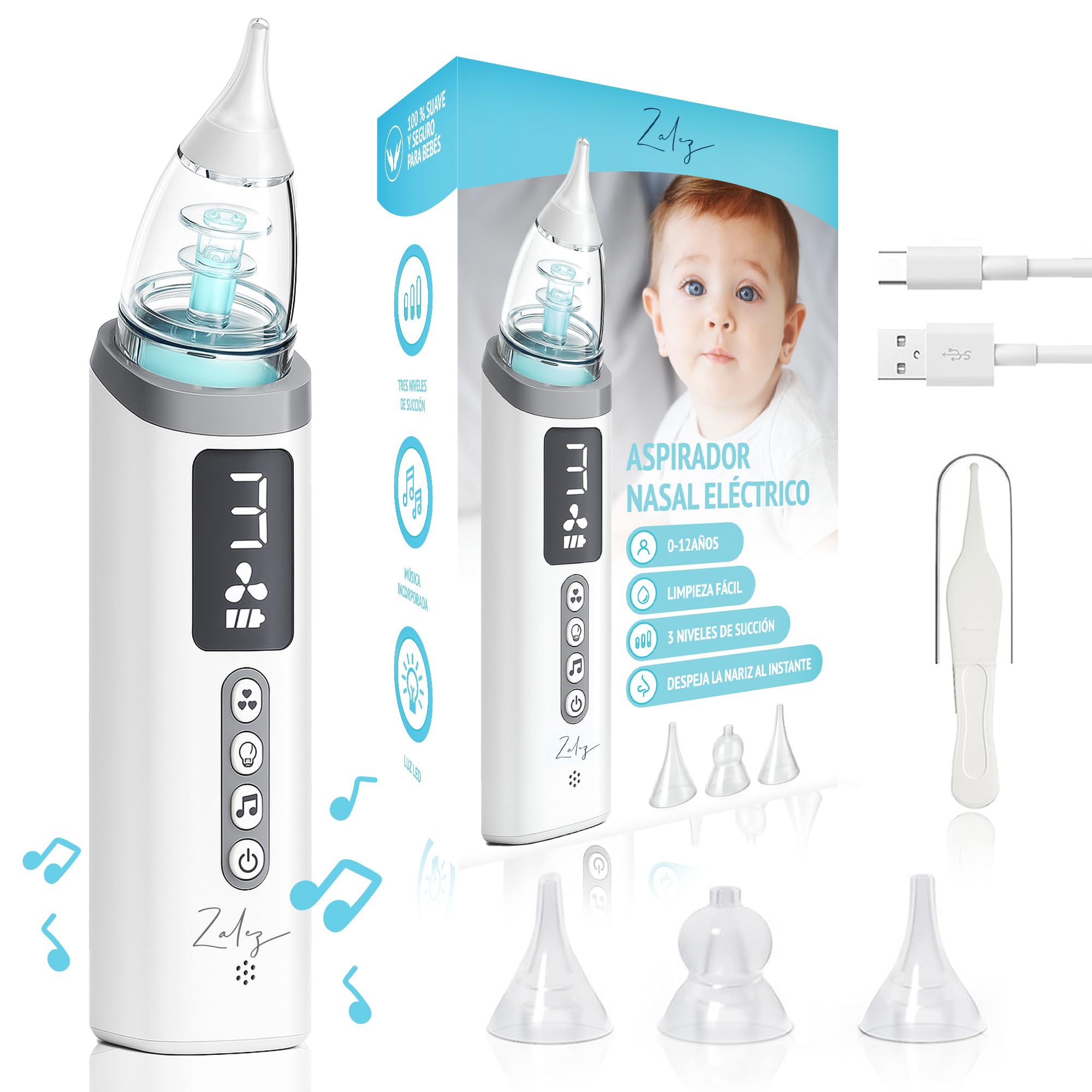 ZALEZ - Aspirador Nasal para Bebe - Sacamocos Bebe - Aspirador Nasal Recargable con 3 Boquillas y 3 Niveles de Succión - Saca Mocos para Bebes con Luz, Música Relajante para Recién Nacidos