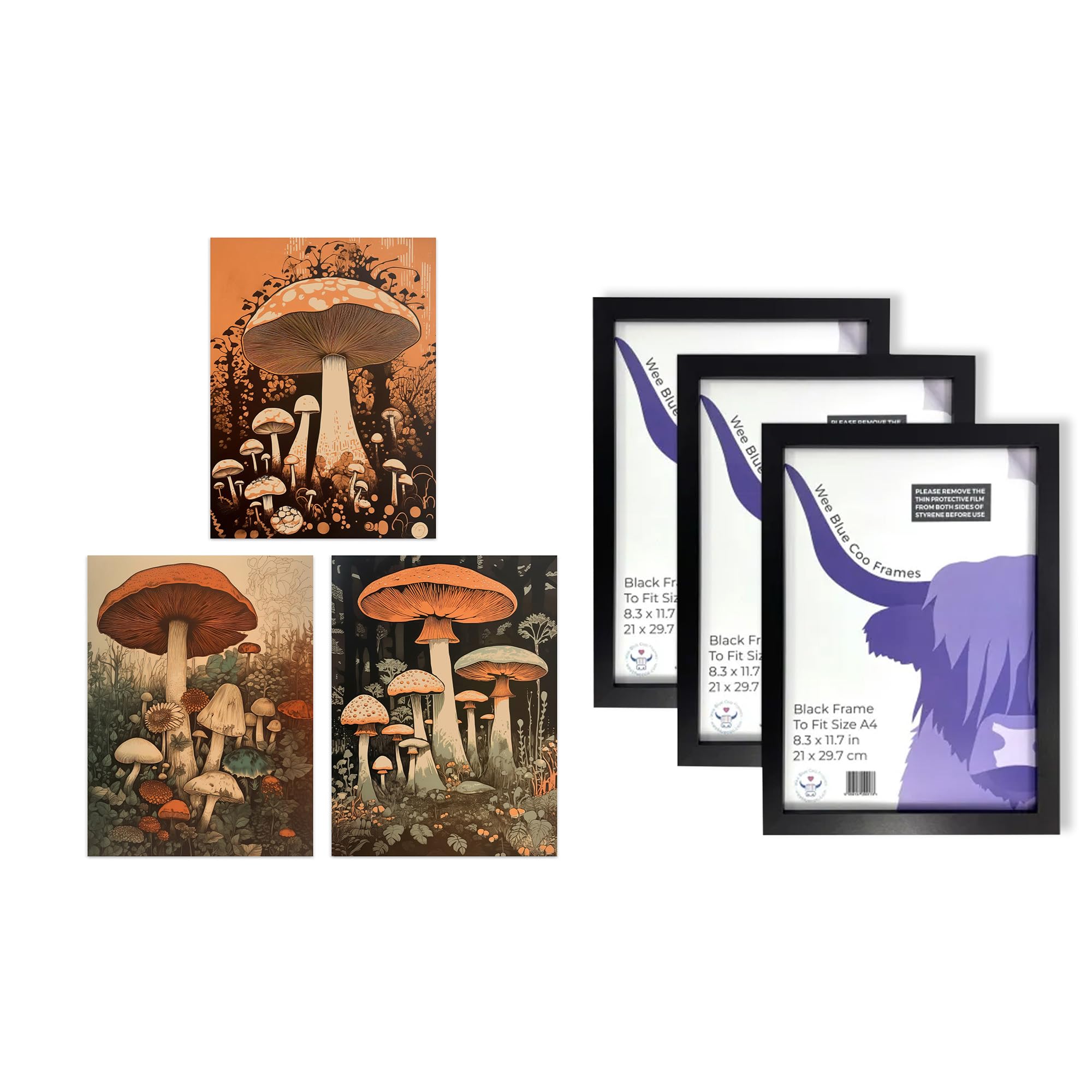 Artery8 Botanical Fungi Wall Art - Set of 3 A4 Sized Art with Black Frames - Mushroom Paintings Earthy Flora Fauna Nature