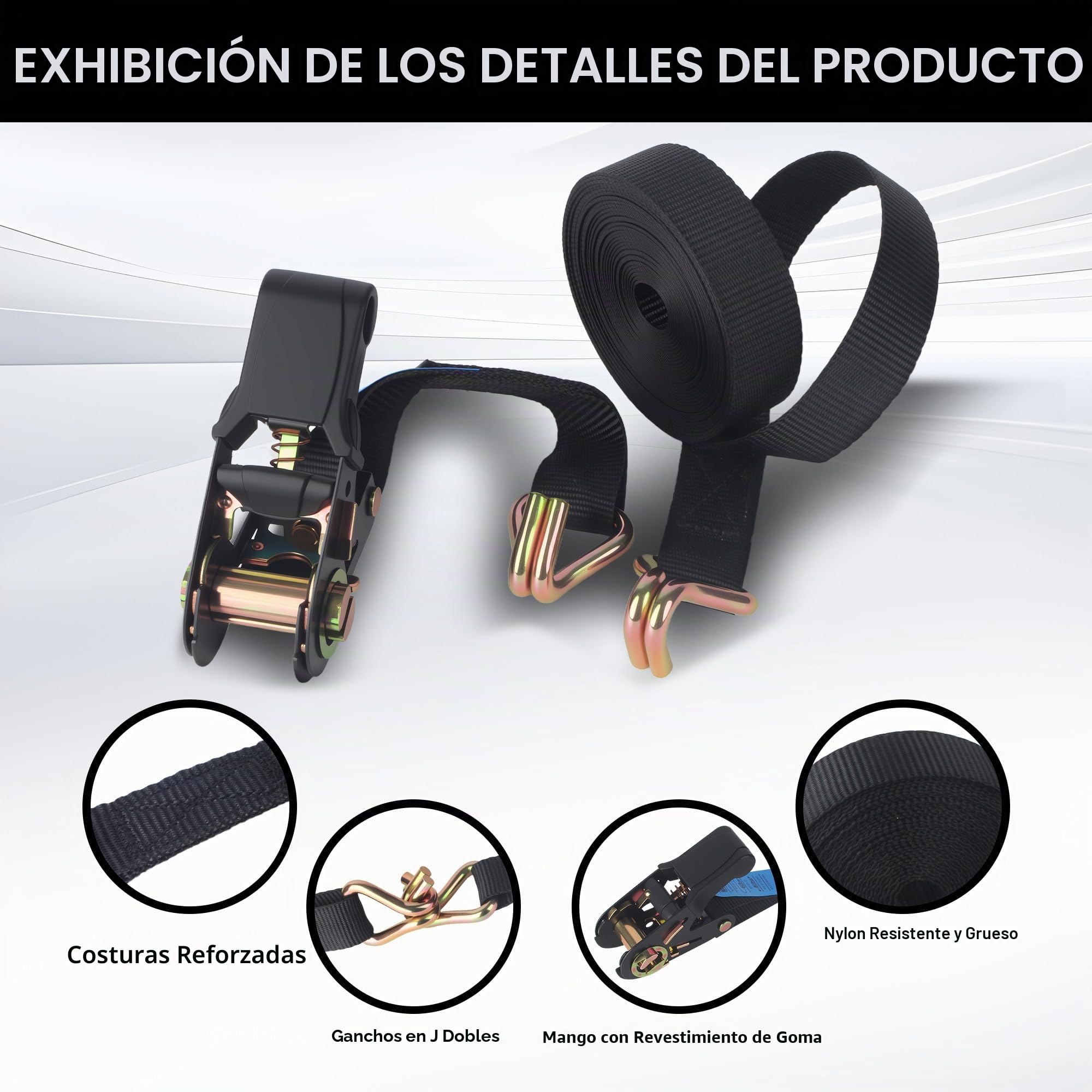 Cinchas de Amarre con Carraca, Correas Tensoras 6m x 25mm, Negro