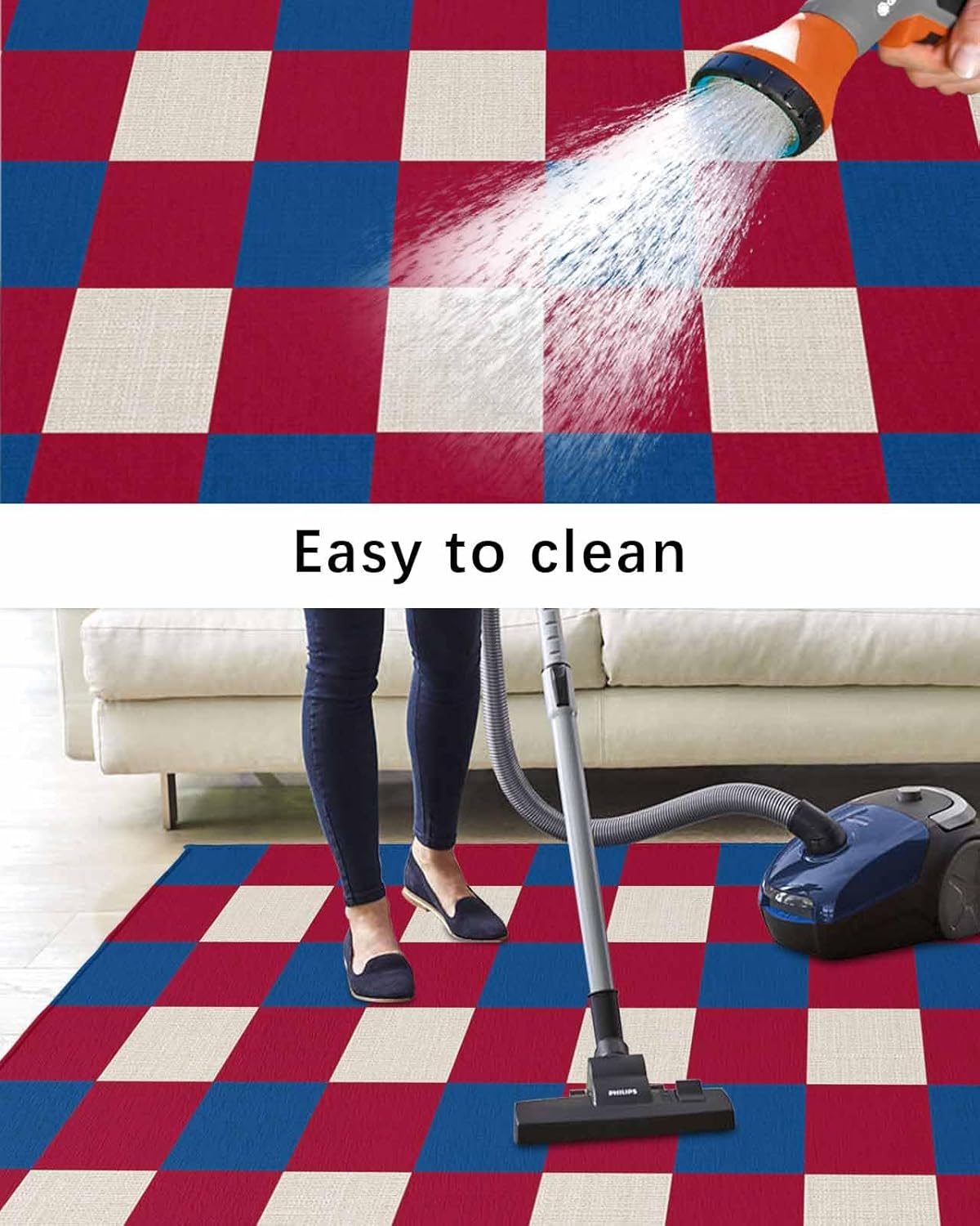 July 4th Outdoor Rug 4x6ft Retro Red Blue White Plaid Large Patio Mats Independence Day Flag Theme Area Rugs Non Shedding Carpet for Patio Backyard Porch Deck Camping Indoor Living Room