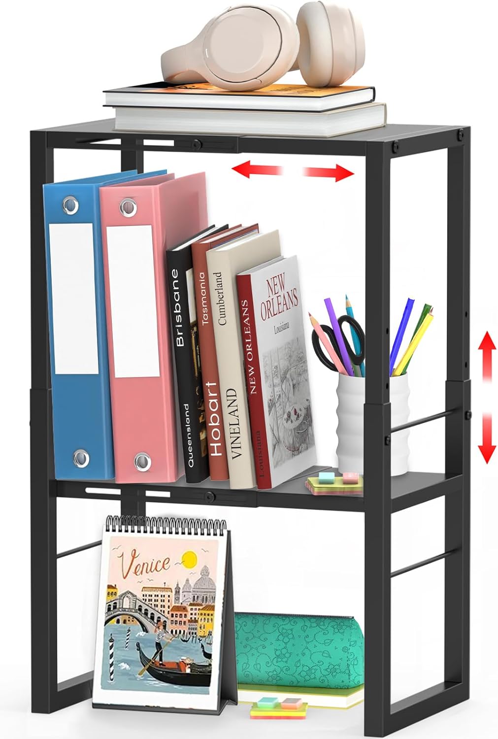 Locker Organizer Shelf, Metal Adjustable Width and Height, Ideal Locker for School, Office, and Gym Lockers, Extends Locker Storage Organization, Black