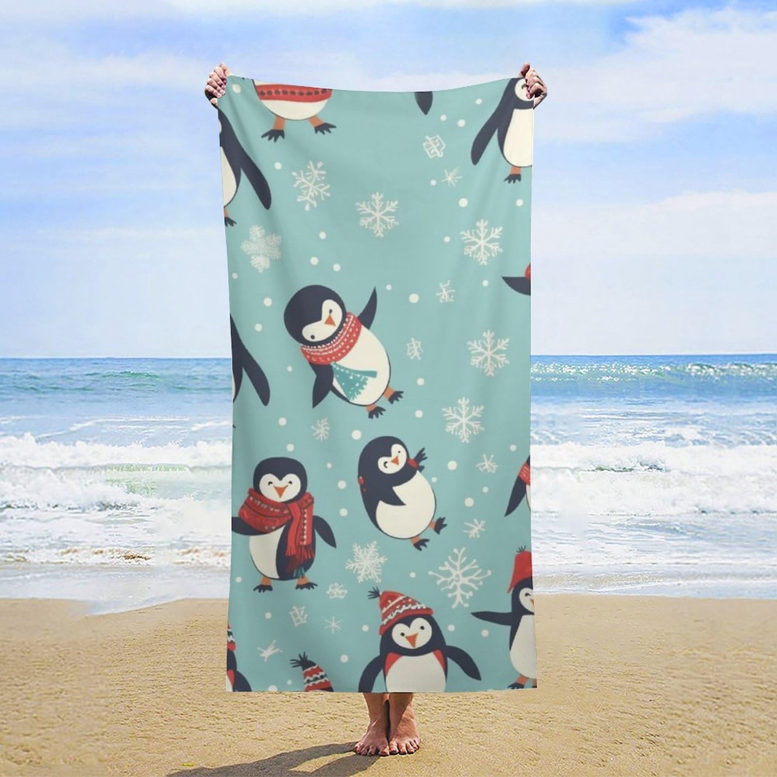 NTVOWPZO Winter Christmas Penguins Beach Towel Oversized Microfiber Bath Towels Lightweight Sand Proof Beach Towels Absorbent Pool Towels for Swimming Yoga Bathroom Towel 31.5" X 63"