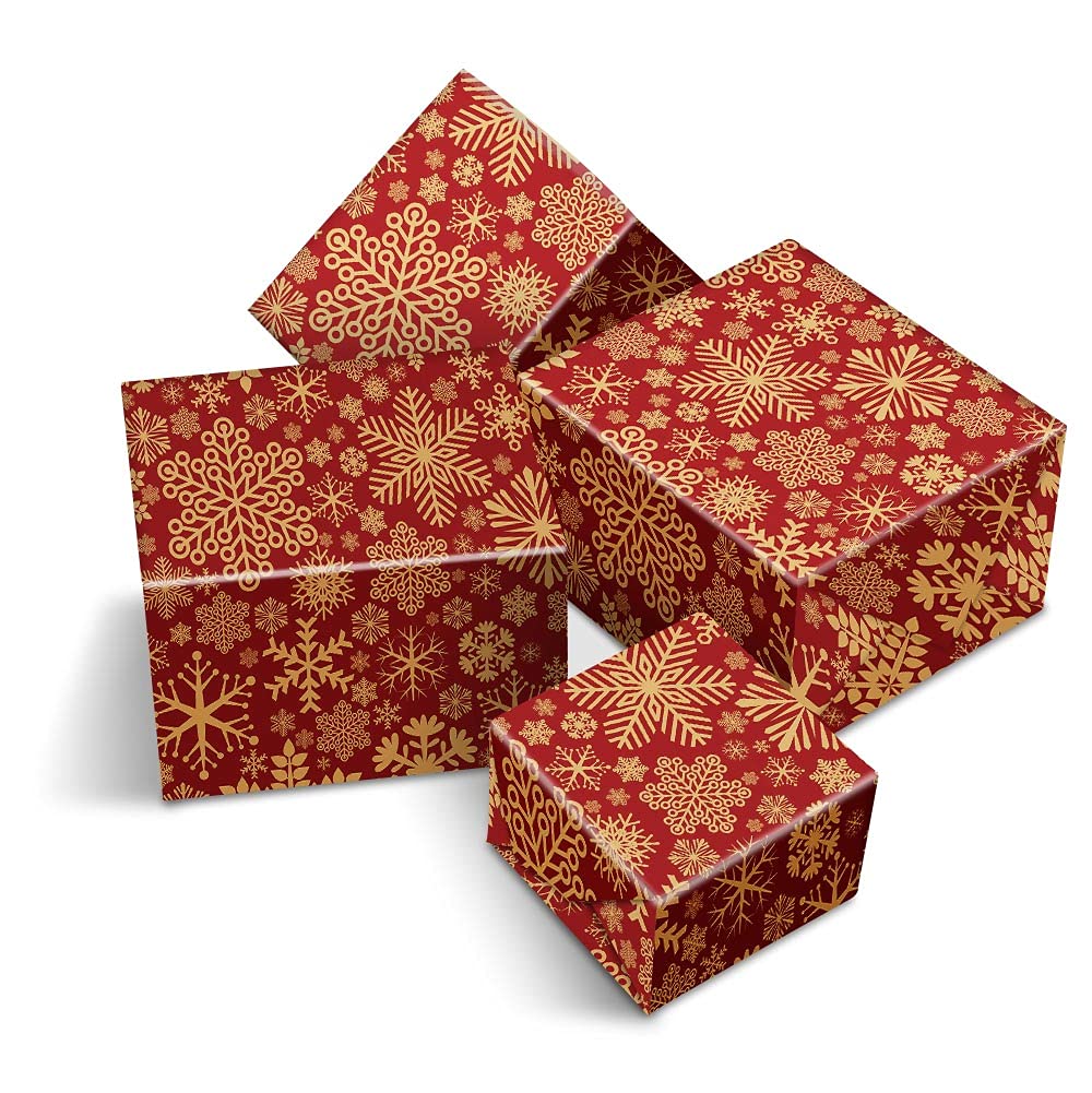 4 x Large Sheets Wrapping Paper - Vintage Christmas Red & Gold Snowflake Pattern Thick Gift Wrap Retro Modern Mum Dad Grandparents Girlfriend Classical #170134