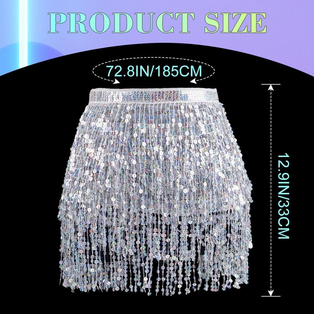 Zoestar Sequin Fringe Skirt Sparkly Tassel Wrap Skirts Belly Dance Hip Scarf Rave Costume for Women
