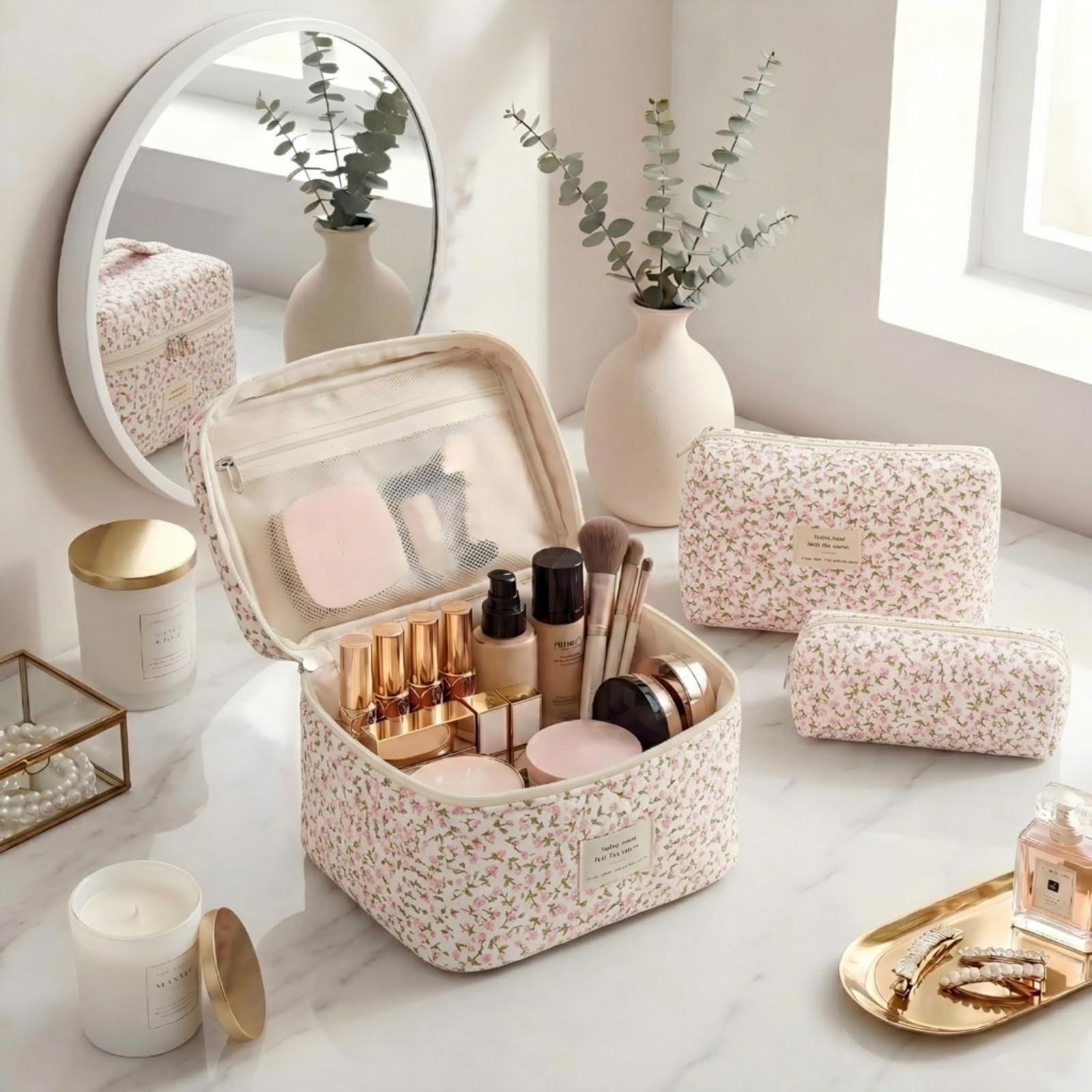 3er Set Kosmetiktasche, kulturtasche Damen mit Blumenmuster, Gesteppte kulturbeutel Make Up Tasche Reise, Tragbare Schminktasche Makeup Bag für Mädchen Frauen, Organizer Waschtasche - 3