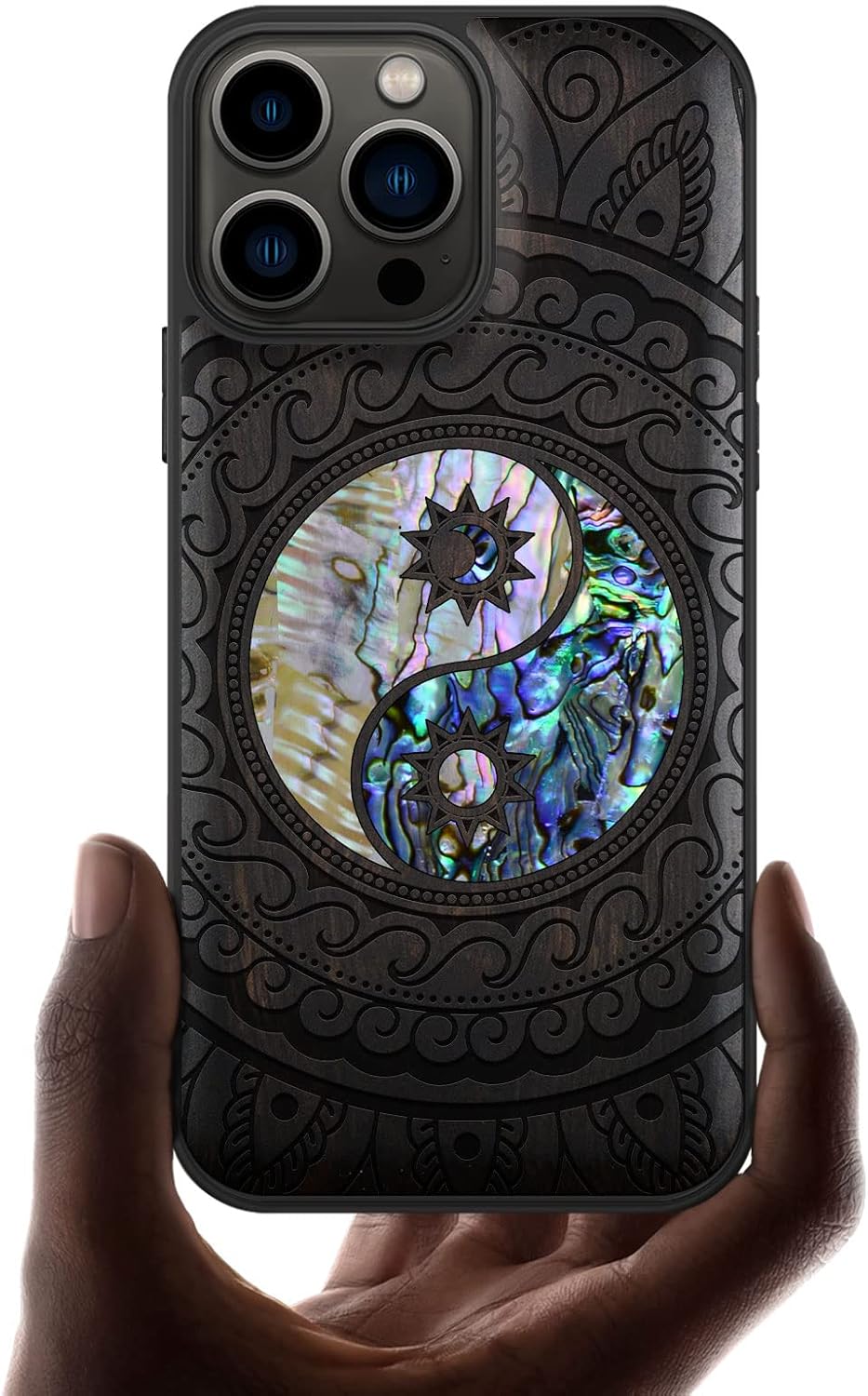 Carveit Designer Wooden Protective Case for iPhone 13 Pro Max Magnetic Cover [Solid Wood & Shell Inlay] Compatible with 13 Pro Max Unique MagSafe (Yin Yang Paisley-Rosy)