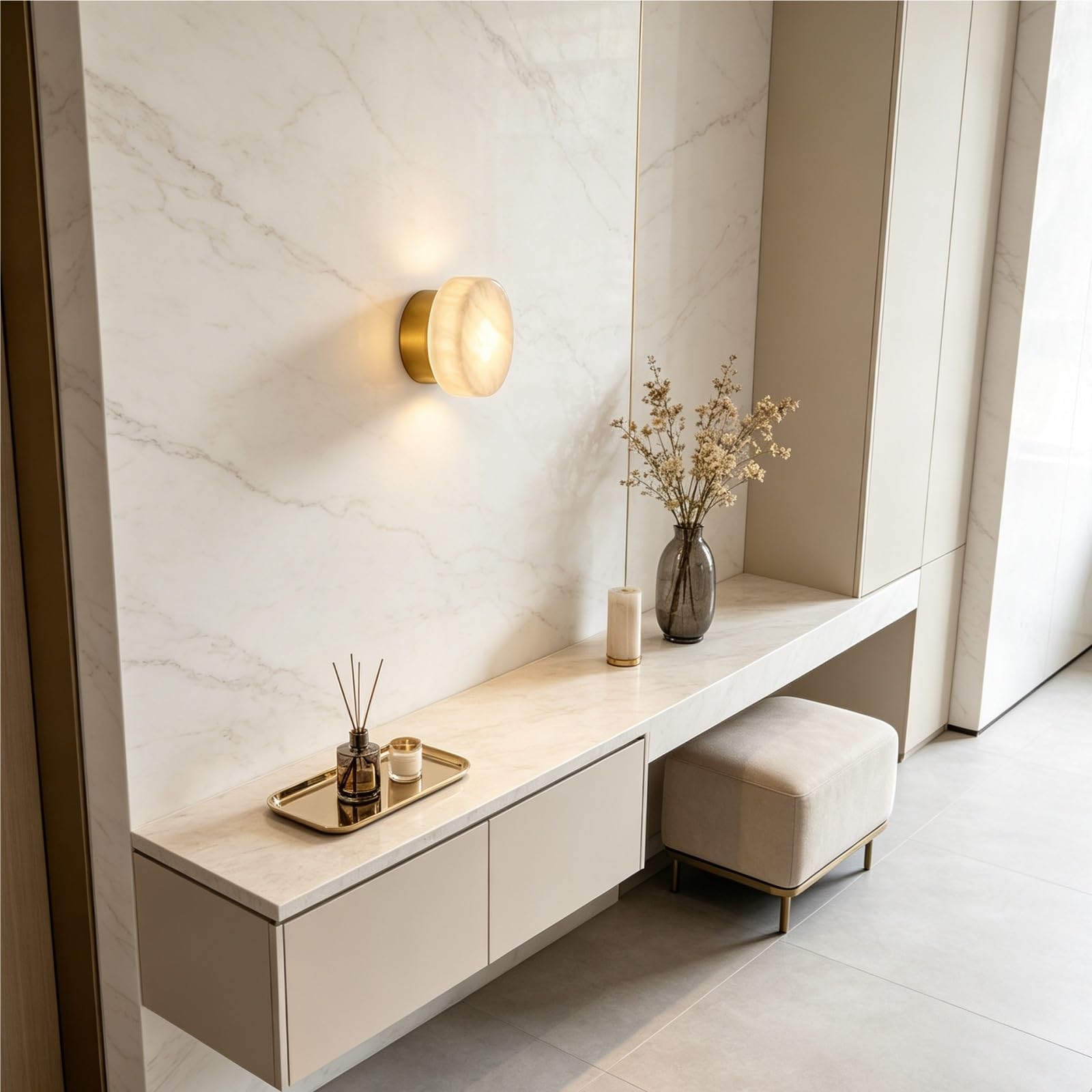 Lampada da parete moderna a forma circolare con applique a testa singola con base in lega di alluminio solida Lanterna da parete in tono caldo con corpo lampada in marmo for soggiorno foyer(Gold)