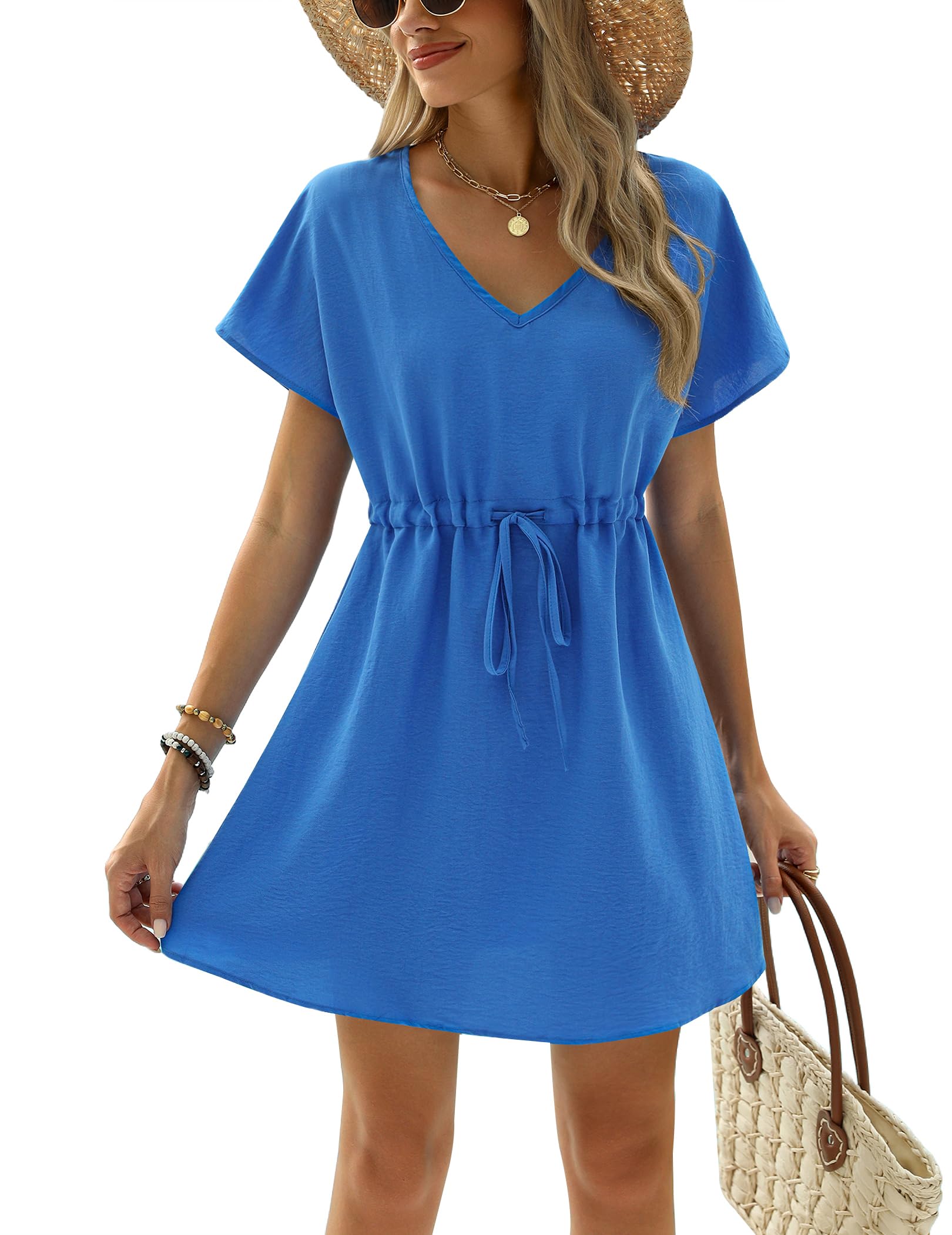 Ekouaer Womens Swimsuit Coverup Short Sleeve Beach Cover Up Dress V Neck Bikini Beachwear