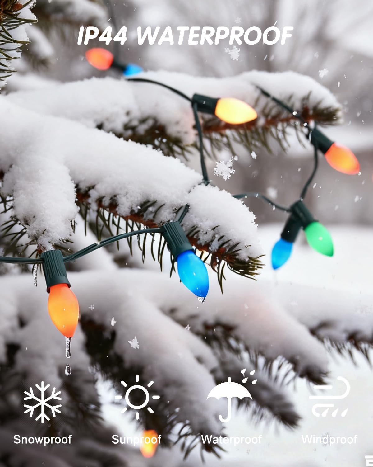 SUNSGNE Mehrfarbige Weihnachtslichterkette für den Außenbereich, C7 Vintage-Weihnachtslichterkette mit 27 mehrfarbigen Keramiklampen (2 Ersatz) für Feiertage, Weihnachten, Abschlussball, Party