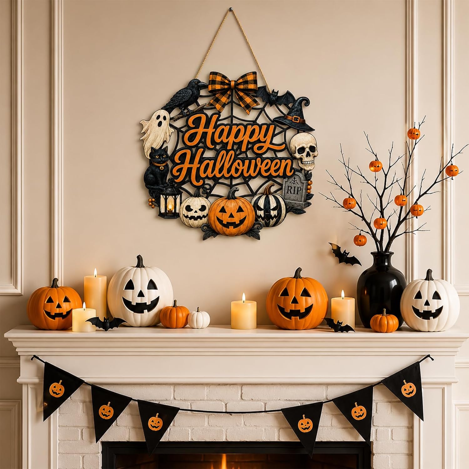 Halloween Door Sign Happy Halloween Wooden Wreath for Front Door Wall Decor