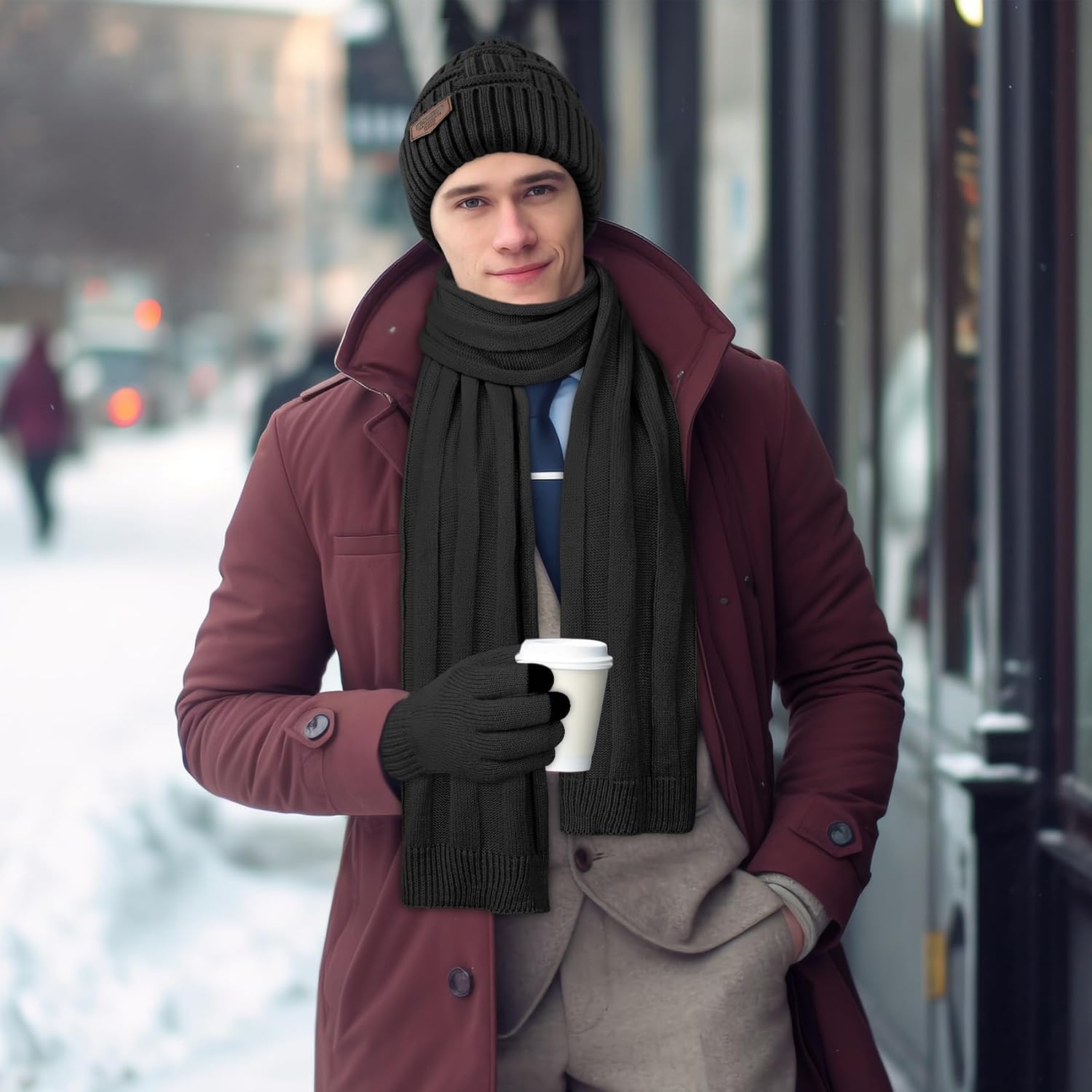 Mens Winter Hats Scarf for Men with Touchscreen Gloves Warm Long Scaves and Skull Caps Beanie Hat Gloves Set - Image 6