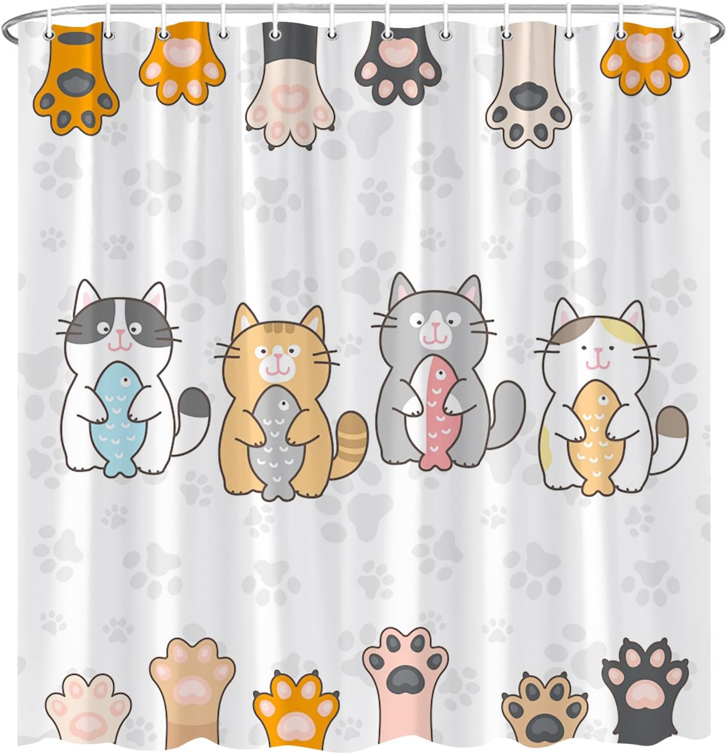 Funny Cat Shower Curtain Cute Cartoon Kitten with Fish Kittey Paw Print for Cat Lovers Family Pet Animal Bath Decor Polyester Fabric Curtains with Hook 80X70 Inch