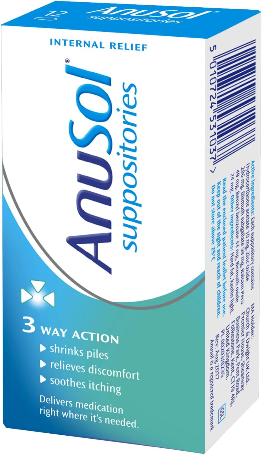 Anusol, Suppositories Treatment for Haemorrhoids Shrinks Piles Relieves Discomfort and Soothes Itching, 12 Suppositories