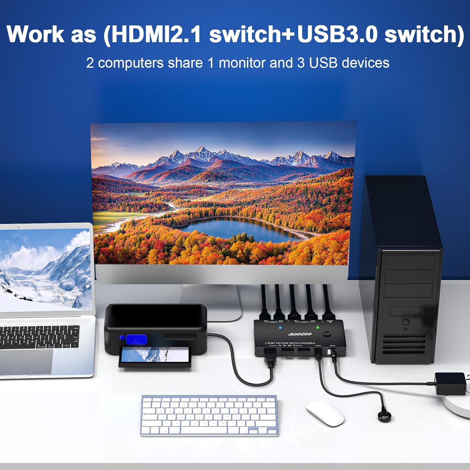 HDMI KVM Switch 8K@60Hz,KVM Switch for 2 PC Share 1 Monitor and 3 USB3.0 Devices, with Wired Remote Control,USB Cables,Black 11cm HDMI KVM