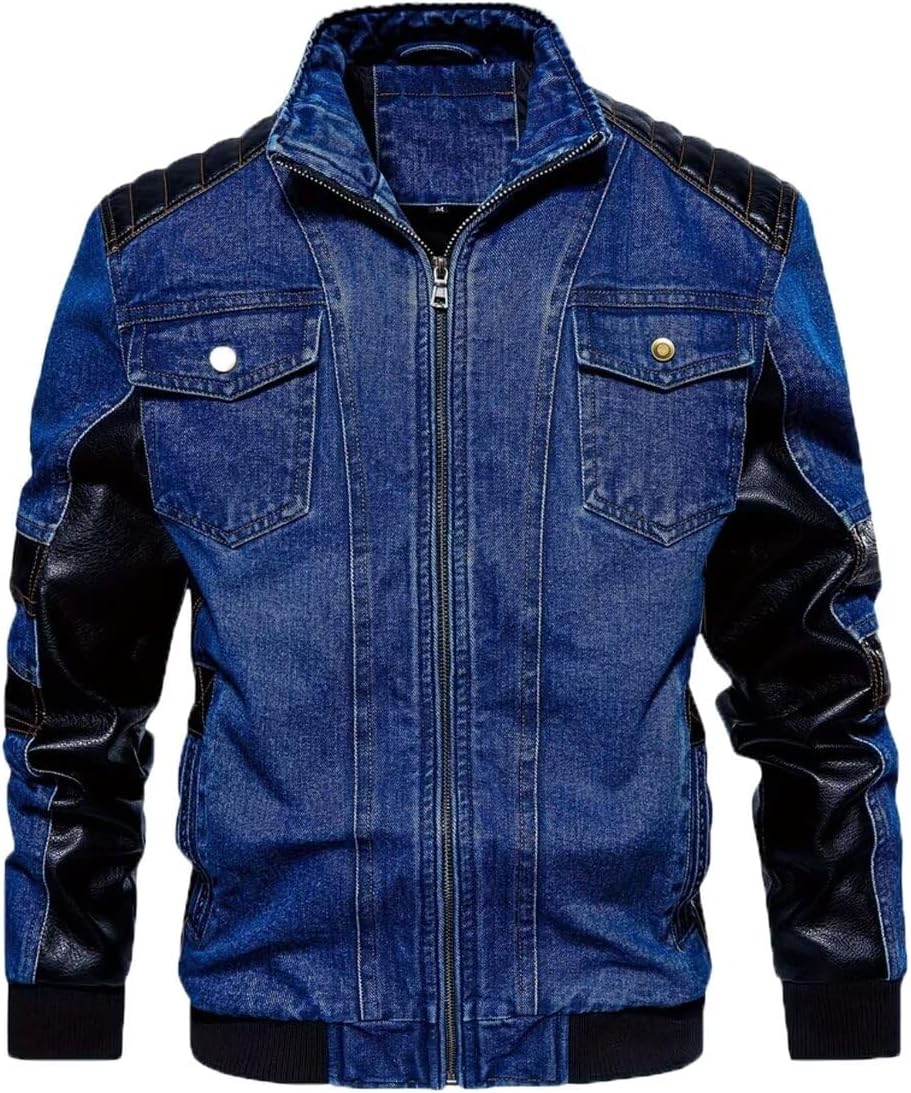 INVACHI Men's Denim Jacket Vintage Jean Trucker Jacket with Leather Patchwork Multiple Pockets