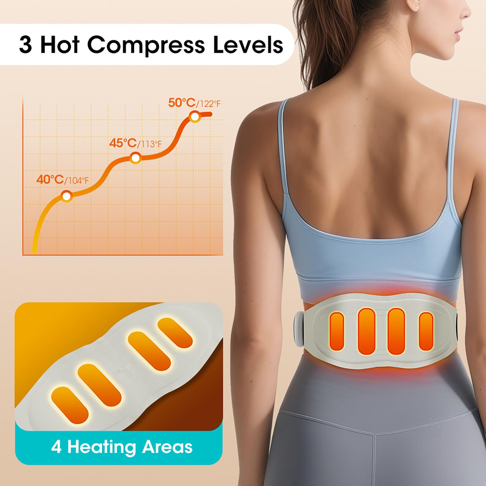 Cinturón de Masaje Lumbar con Calor (Blanco) | 3 Ajustes de Temperatura, 8 Modos de Masaje, 19 Niveles de Intensidad de Masaje, para Aliviar el Dolor de Espalda
