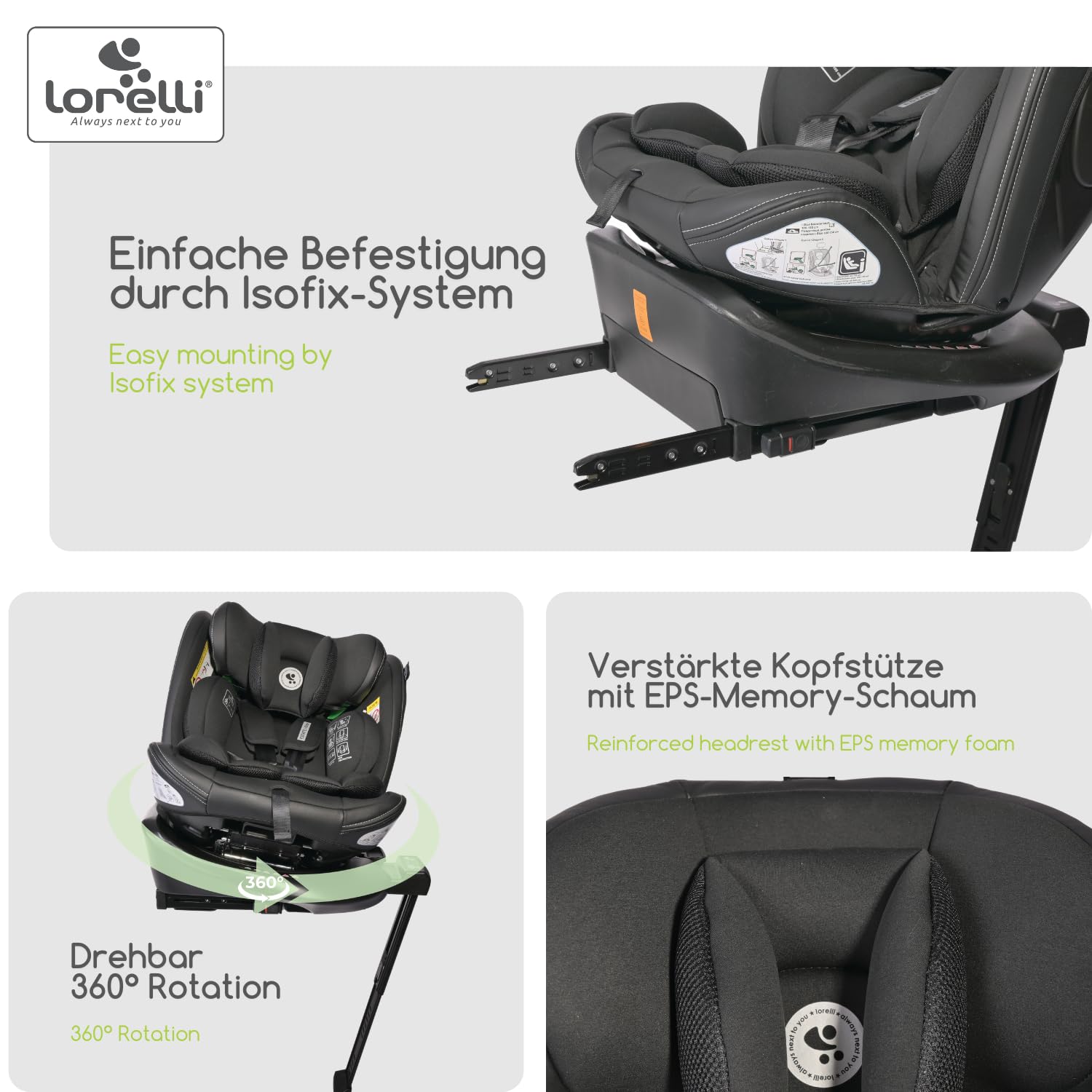 Lorelli Auto Kindersitz Estate mit Isofix Basis und Stützbein, 360 Grad drehbar, 0-36kg Mitwachsender Autositz i-Size 40-150cm, Babysitz ab Geburt, 5-Punkt-Gurt, Einstellbare Kopfstütze, grün