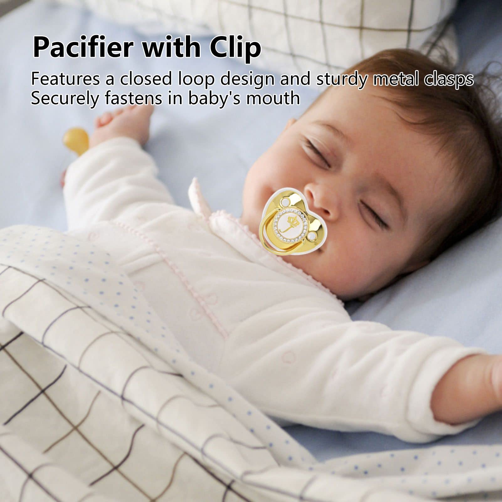Baby Pacifier,Rhinestone Night Pacifier with Chain Clip,Portable Exquisite Golden Crown Letter Cute Pacifier for Infant (J)
