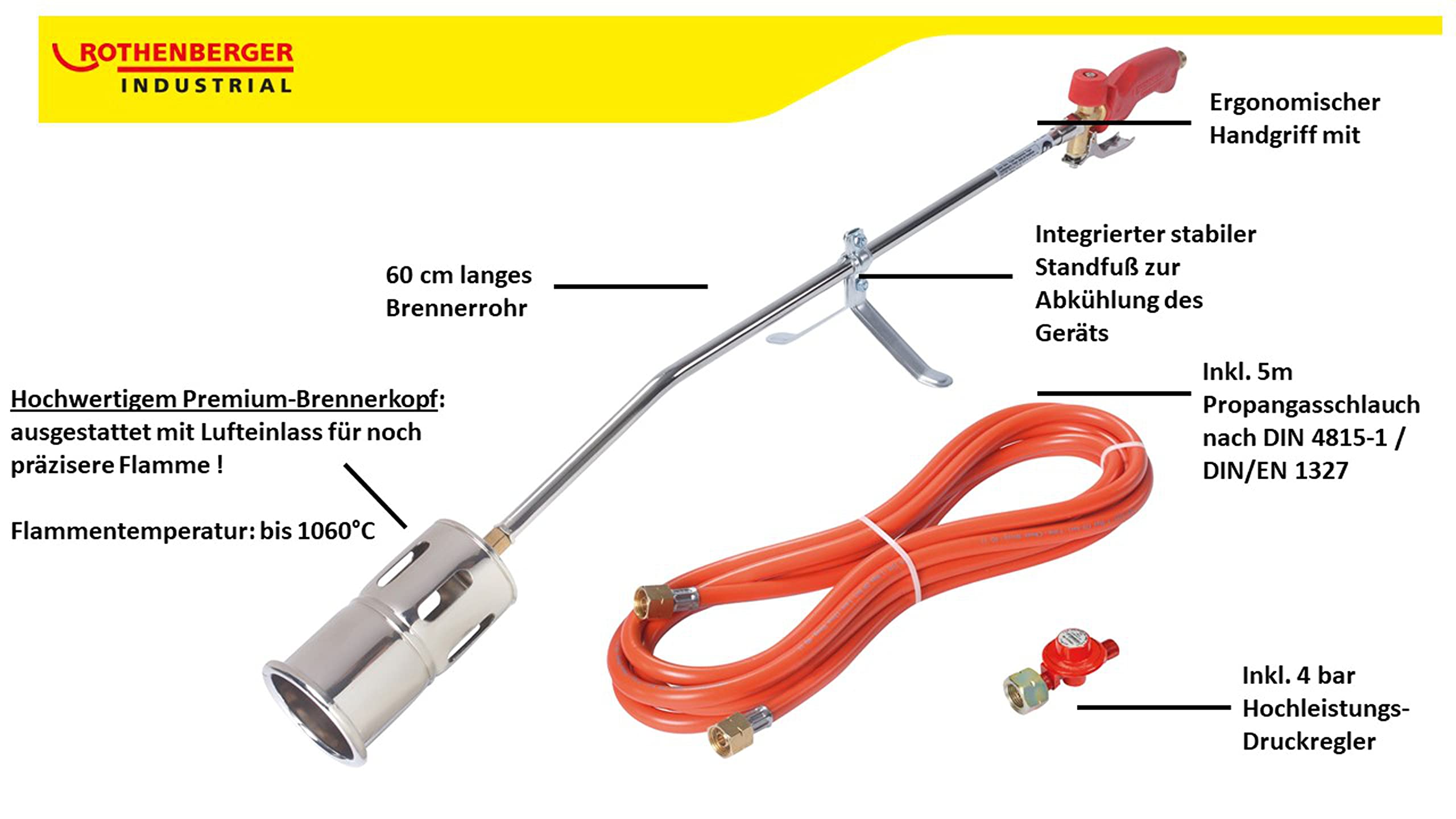 ROTHENBERGER Brûleur industriel - Brûleur à gaz - Désherbeur de mauvaises herbes - Soudage de bandes de bitume - Tête de brûleur RoMaxi Premium avec tuyau de gaz propane de 5 m - Régulateur 4 bar