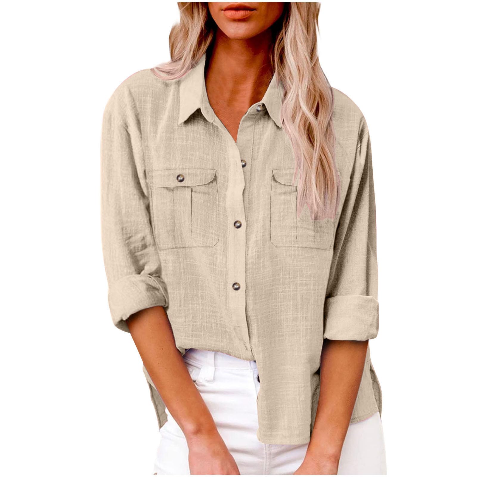 AMhomely Button Down Blouse Women Long Sleeve Oversized Shirt Casual Tops with Breast Pocket Solid Loose Office Work Tunic Tops Baggy Pullover Shirts Going Out Tees Shirts Holiday Vacation Beige L