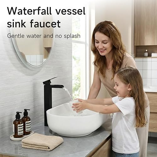Miniatura 3 de Grifo de baño de cascada alto negro, grifo de fregadero Hanlde con boquilla de cascada, grifos de baño para 1 agujero, grifo mezclador de tocador de