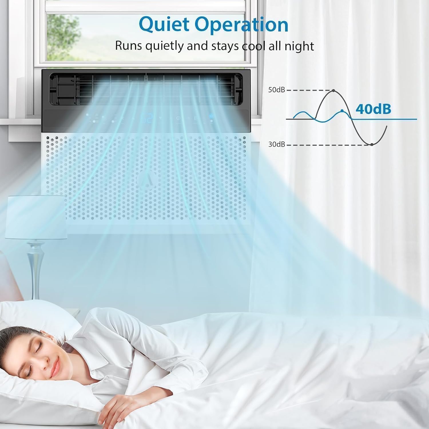 Amenitlif U-Shaped Window Air Conditioner operating quietly, cooling a bedroom where a person is sleeping.