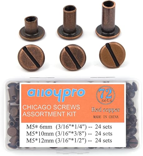 Miniatura 5 de Chicago Tornillos surtidos Kit de remaches de cuero de cobre rojo, remaches de tornillo, cabeza Phillip ranurada, postes de encuadernación de