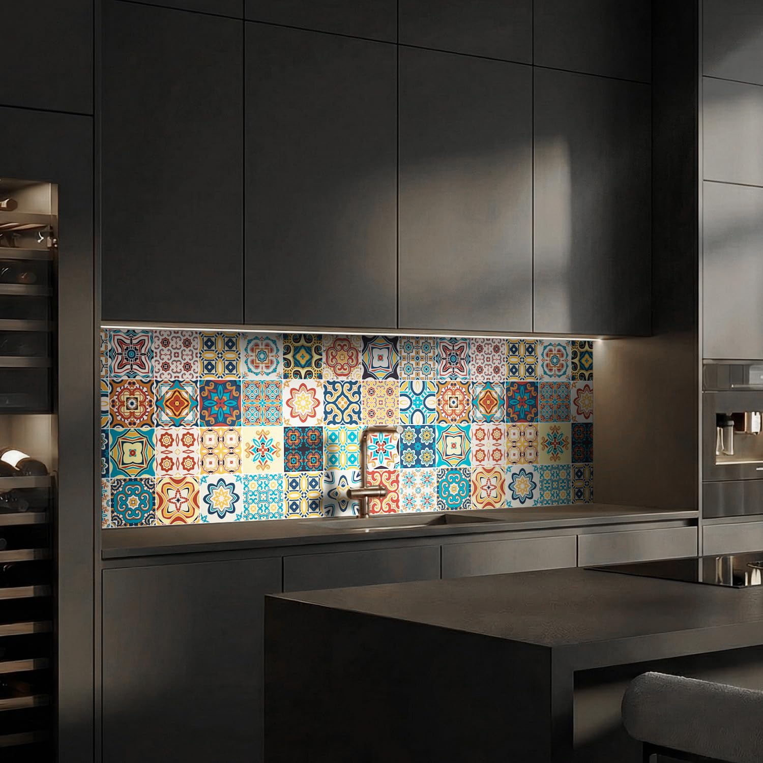 Dedeco Küchenrückwand Motiv: Fliesen V8, 3mm Acrylglas als Spritzschutz für die Küchenwand Wandschutz Dekowand wasserfest, 3D-Effekt, alle Untergründe, 220 x 60 cm
