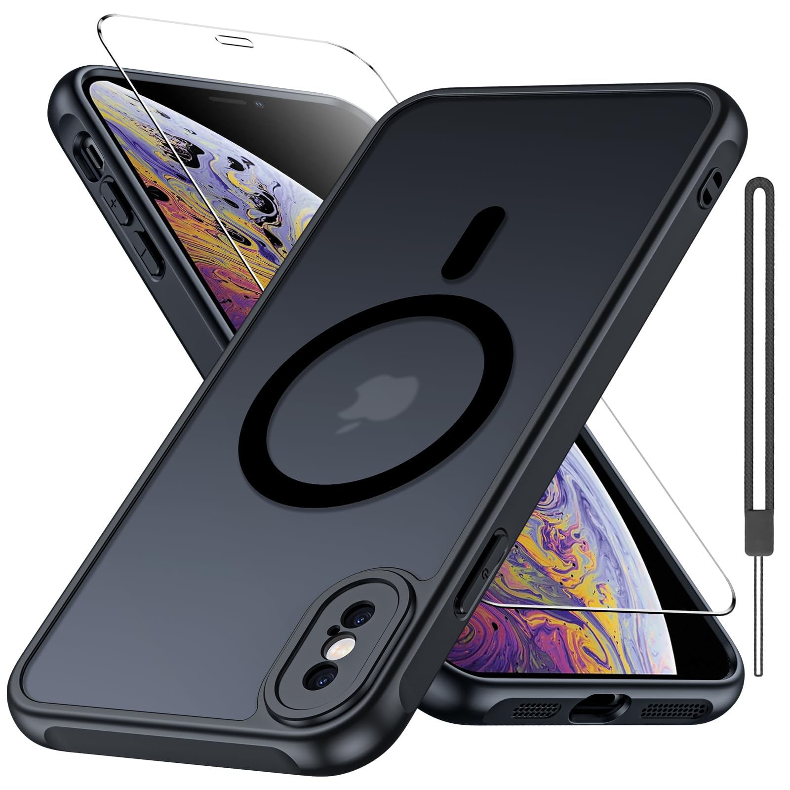 Bimanpap Matte Case for iPhone Xs Max with Screen Protector, Compatible with Magsafe,[Wrist Strap] Magnetic Shockproof Military Drop Protection Translucent Back Slim Bumper Phone Cover(Black)